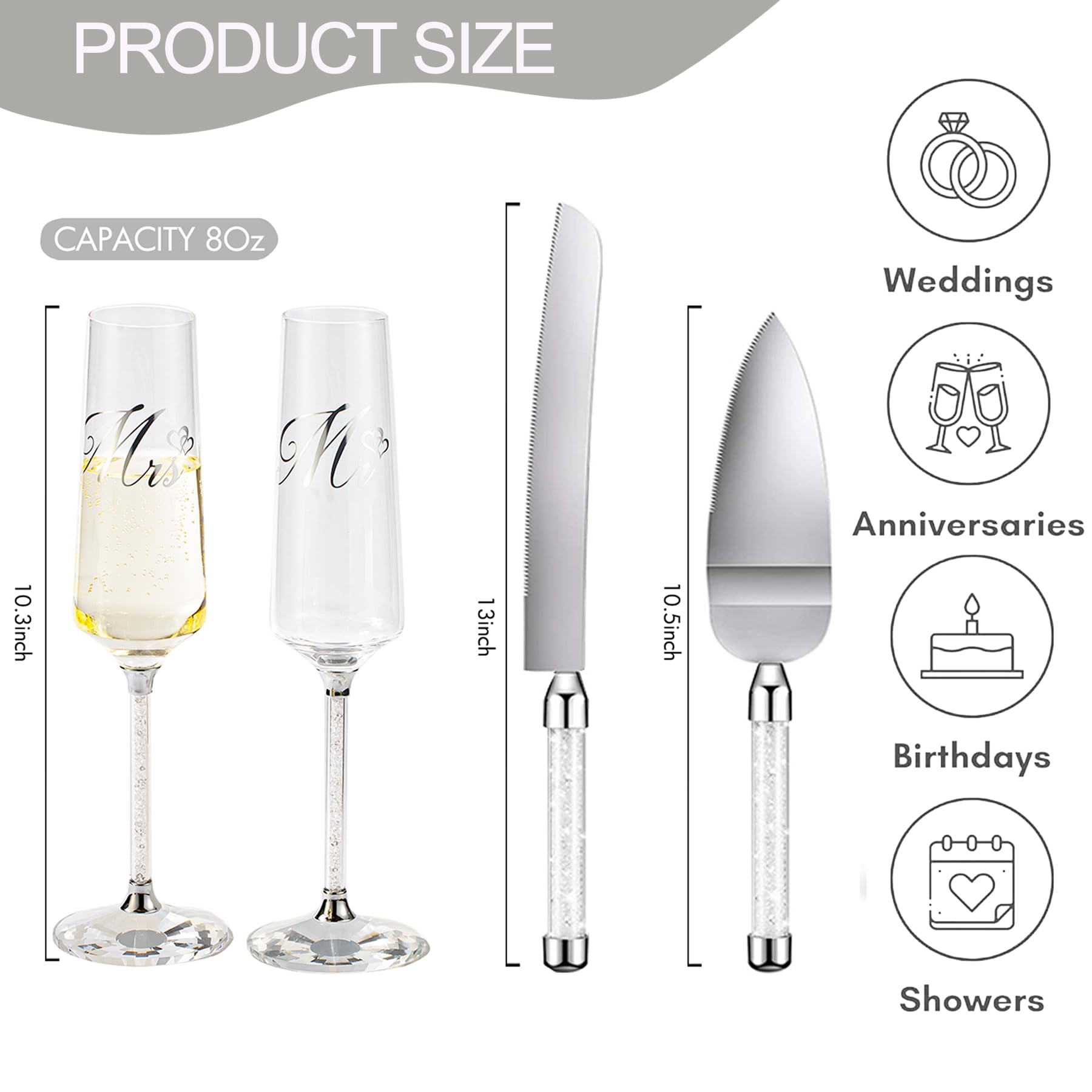 Copas de champán para novia y novio grabadas para gafas de boda y flautas de tostado, cuchillo de pastel de boda y juego de servidor para regalo de compromiso (transparente)