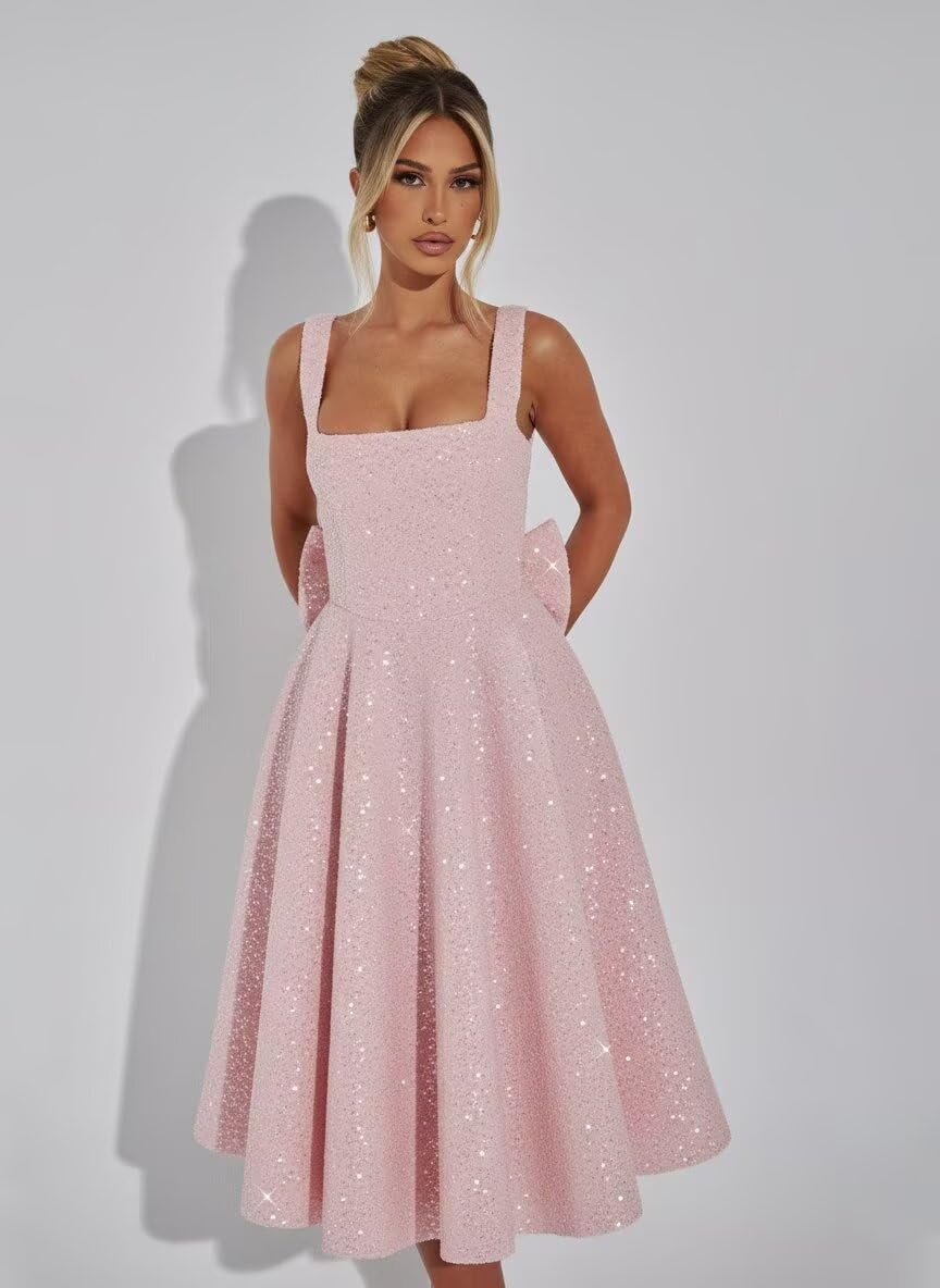 Cudiew Sparkly Sequin Prom Dresses for Teens Square Neck Glitter Bodice Pleated A Line Formal Cocktail Party Dress Tea Length - Image 4