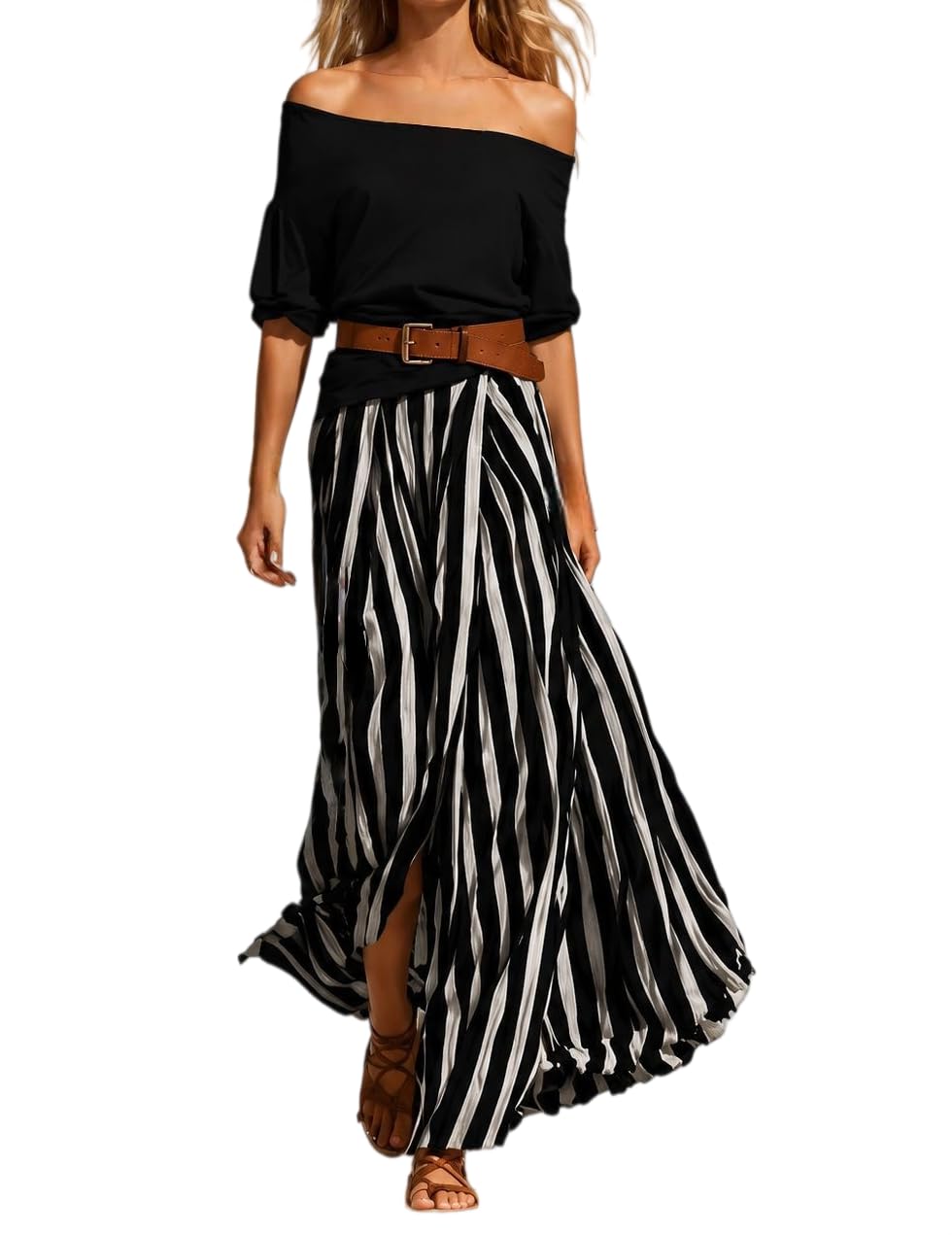 Genérico Conjunto de dos piezas de verano para mujer: top de manga corta con hombros descubiertos y falda larga de talle alto a rayas, vestido bohemio fluido con cinturón.