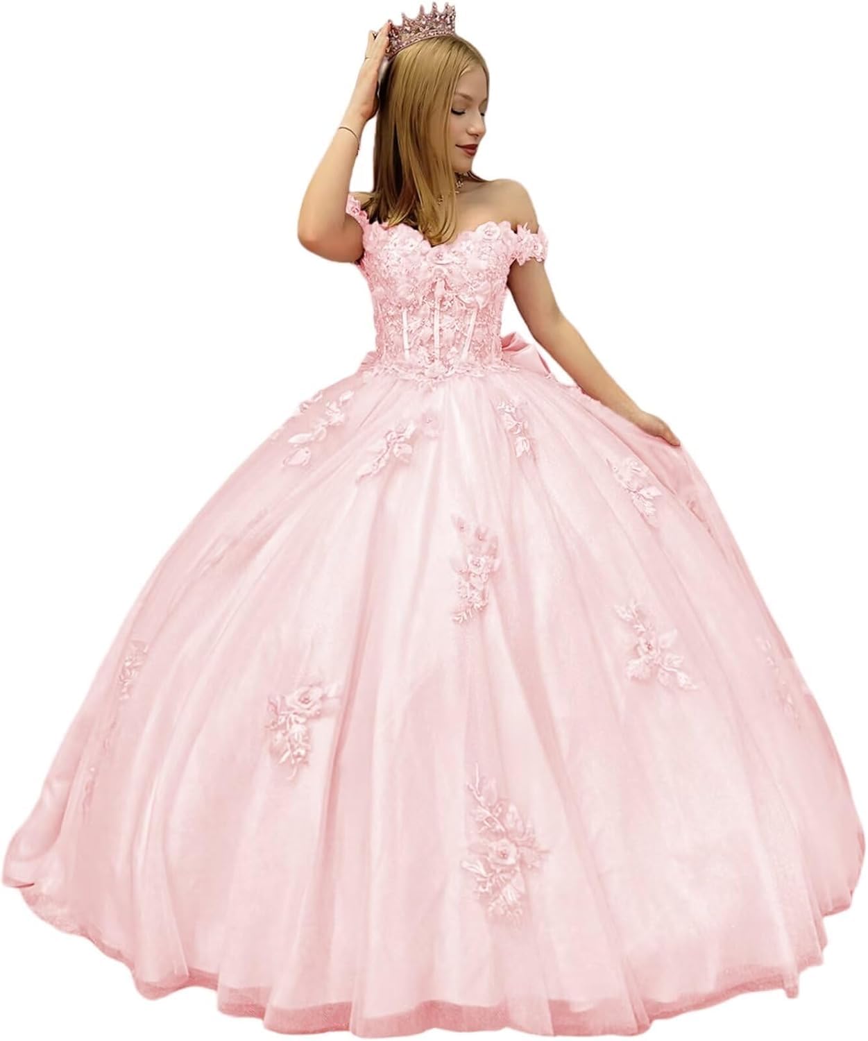 Fuomomo 3D Floral Quinceanera Dresses Ball Gown with Train Off Shoulder Puffy Lace Princess Dress MT050 Pink