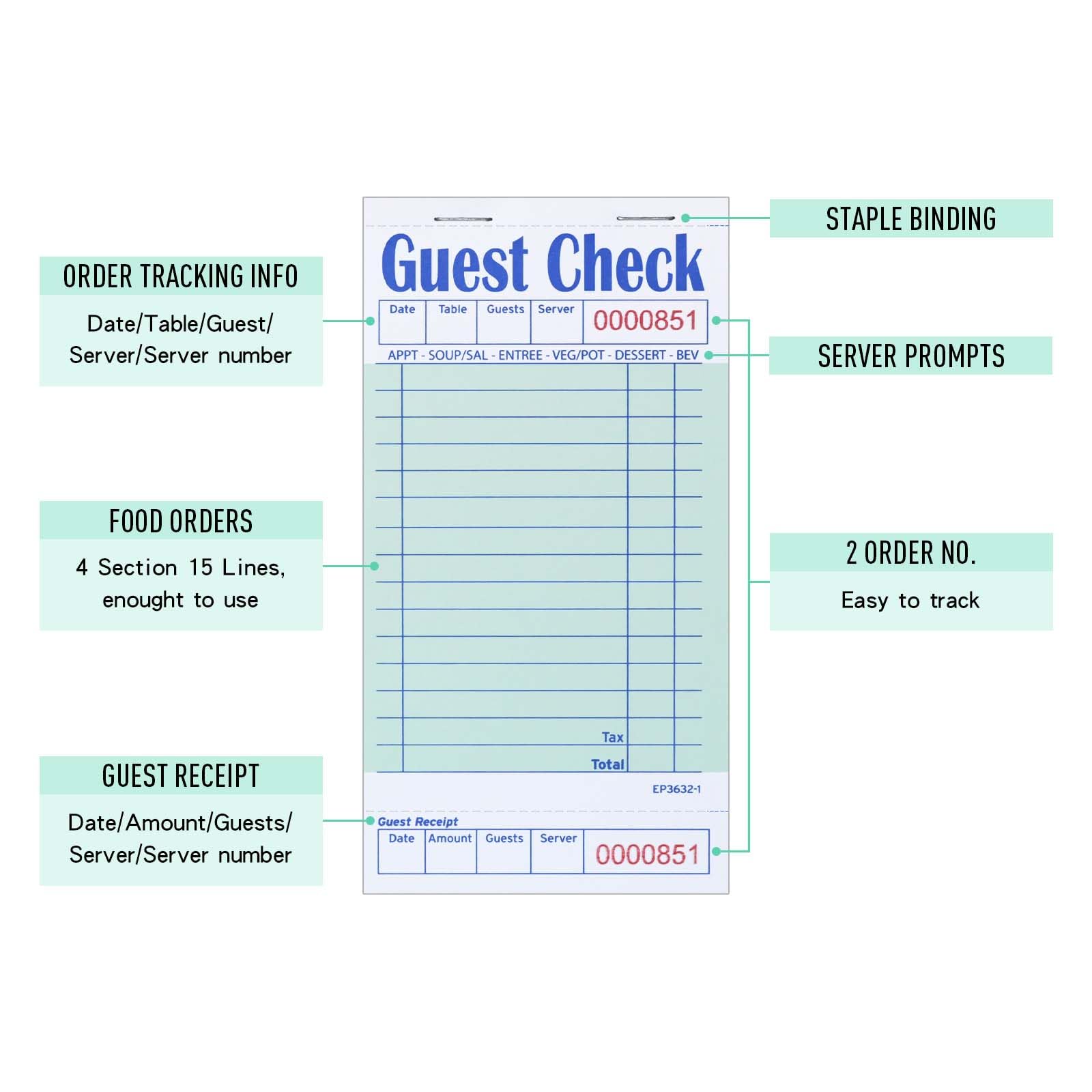 DGBDPACK Gäste-Scheckbücher für Server, 5 Stück EP-3632-1 Server-Notizblöcke, dickes Serverpapier mit Gästequittung, Kellnerin-Notizblöcke, insgesamt 250 Bestellungen (grün, 17,1 x 8,9 cm)