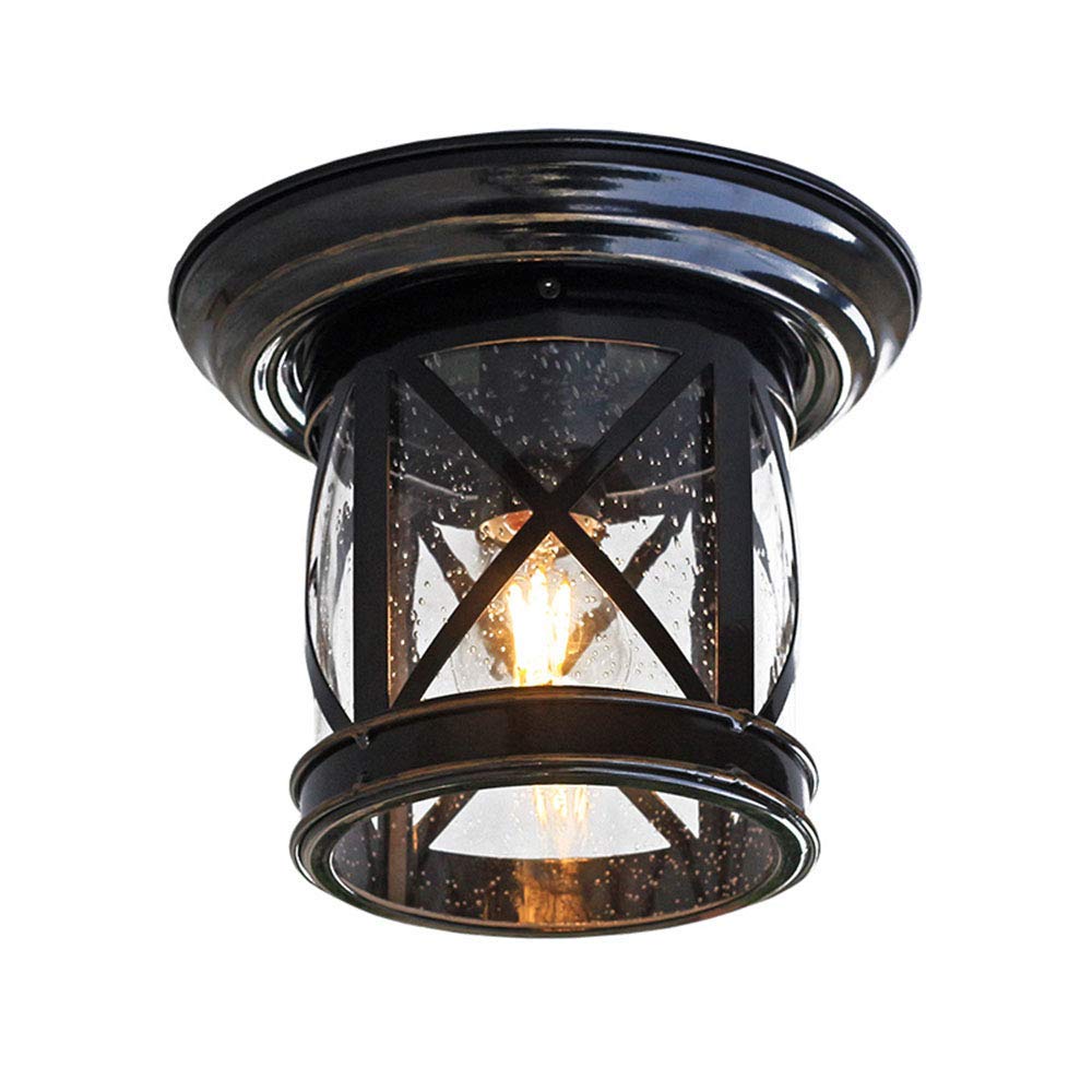 Retro Industrie Deckenleuchte Außen/Innen Deckenlampe Schwarz Metall Glas Schatten E27 Wasserdicht Balkon Bad Korridor Eingangs Pavillon Badezimmer Keller Vintage Deckenbeleuchtung Φ25.4cm
