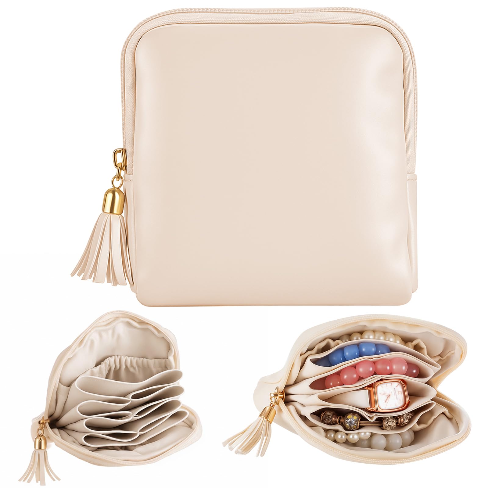 Photo 1 of 1 Pc Small Travel Jewelry Case Bridesmaid Gift for Bachelorette Wedding Day, Mini Jewelry Pouch Organizer Bag with Zipper, Portable Waterproof Velvet Jewelries Bag for Rings, Necklaces (Beige)
