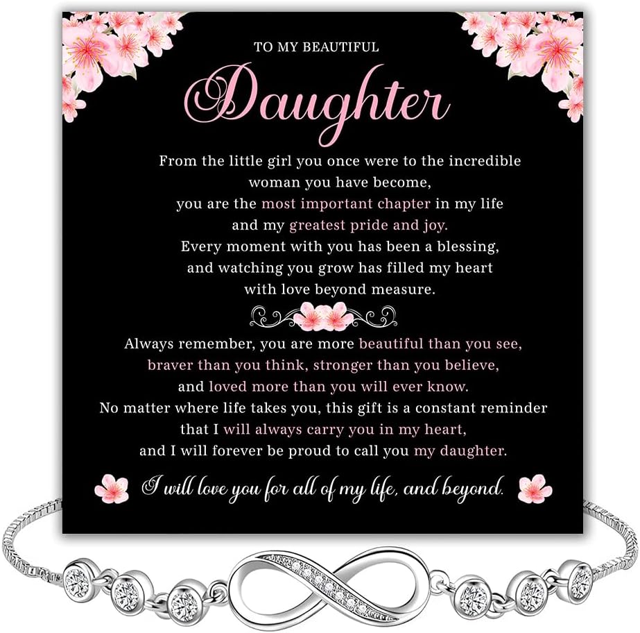 To My Daughter – Forever Connected Infinity Bracelet from Dad with Loving Message in Elegant Gift Box, Meaningful Gift for Daughter on Birthday, Christmas or Wedding, Cubic Zirconia Jewelry