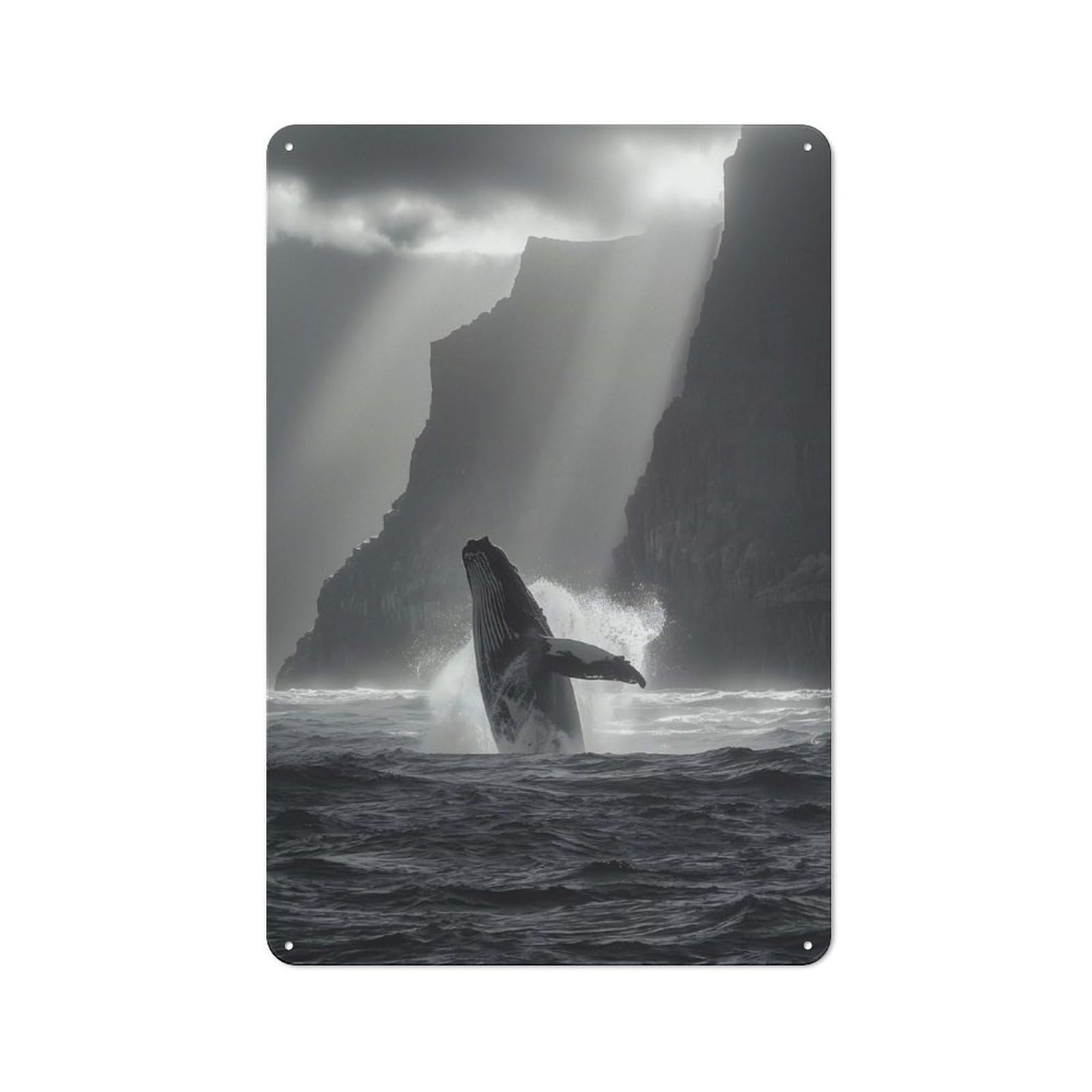 Junmoney Breaching Whale At Coastal Cliffs In Black An 30X20cm Industrial-Style Tin Sign With D White For Hallway Wall, A Metal Wall Feature For A Newly Arranged Hallway