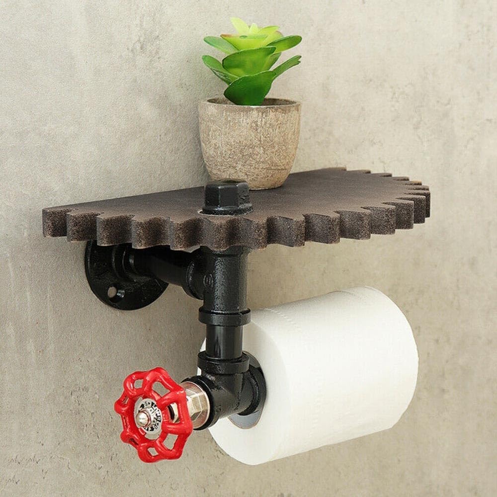 Estante de pared circular industrial rústico con soporte de tubería y función de engranaje de madera para organización de papel higiénico y toallas (B)