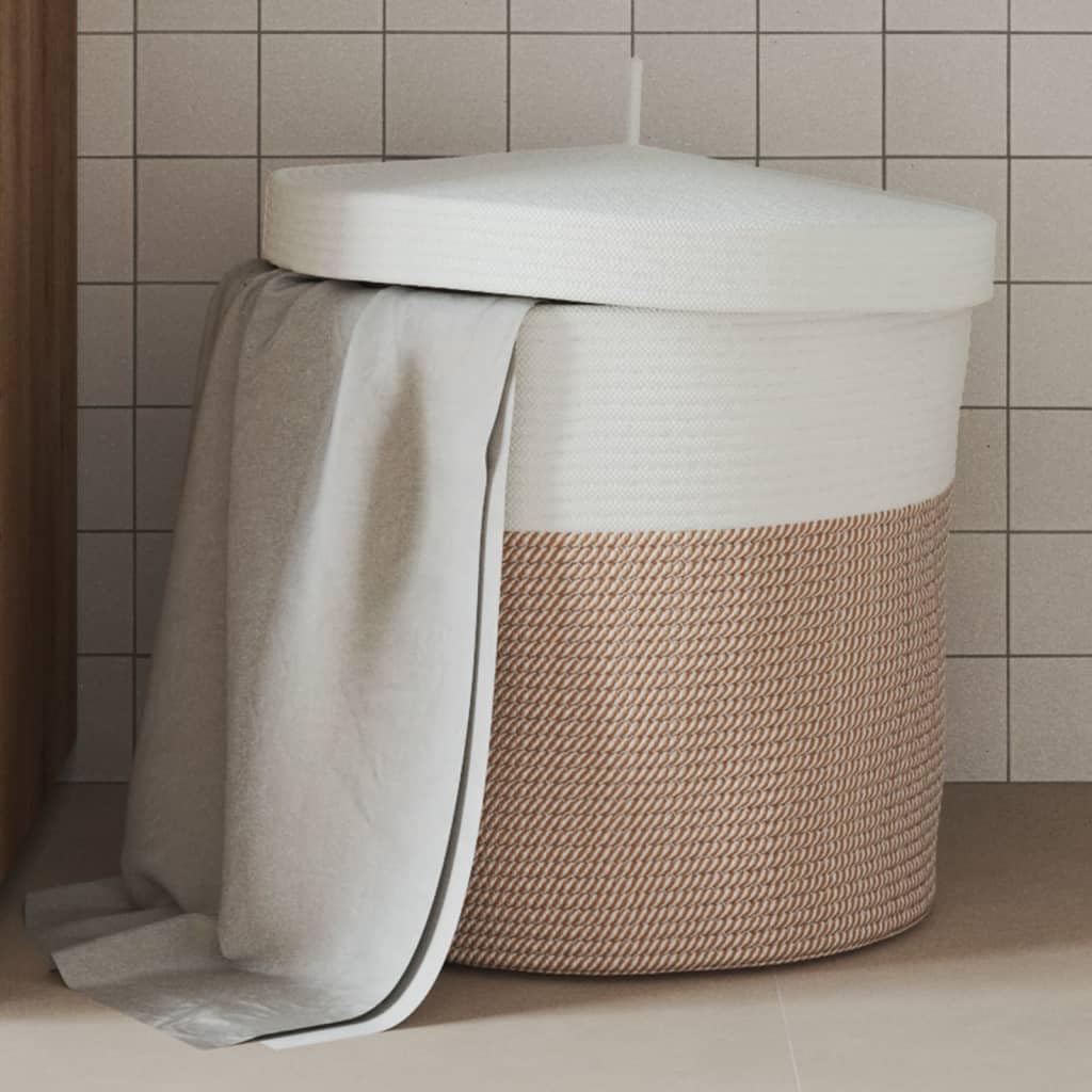 Aufbewahrungskorb mit Deckel Braun und Weiß Ø40 x 35 cm Baumwolle, Flechtkorb für Wohnzimmer Bad Schlafzimmer Küche Flur, Korb Aufbewahrung Deko Organizer für Wäsche Spielzeug Decke Kissen