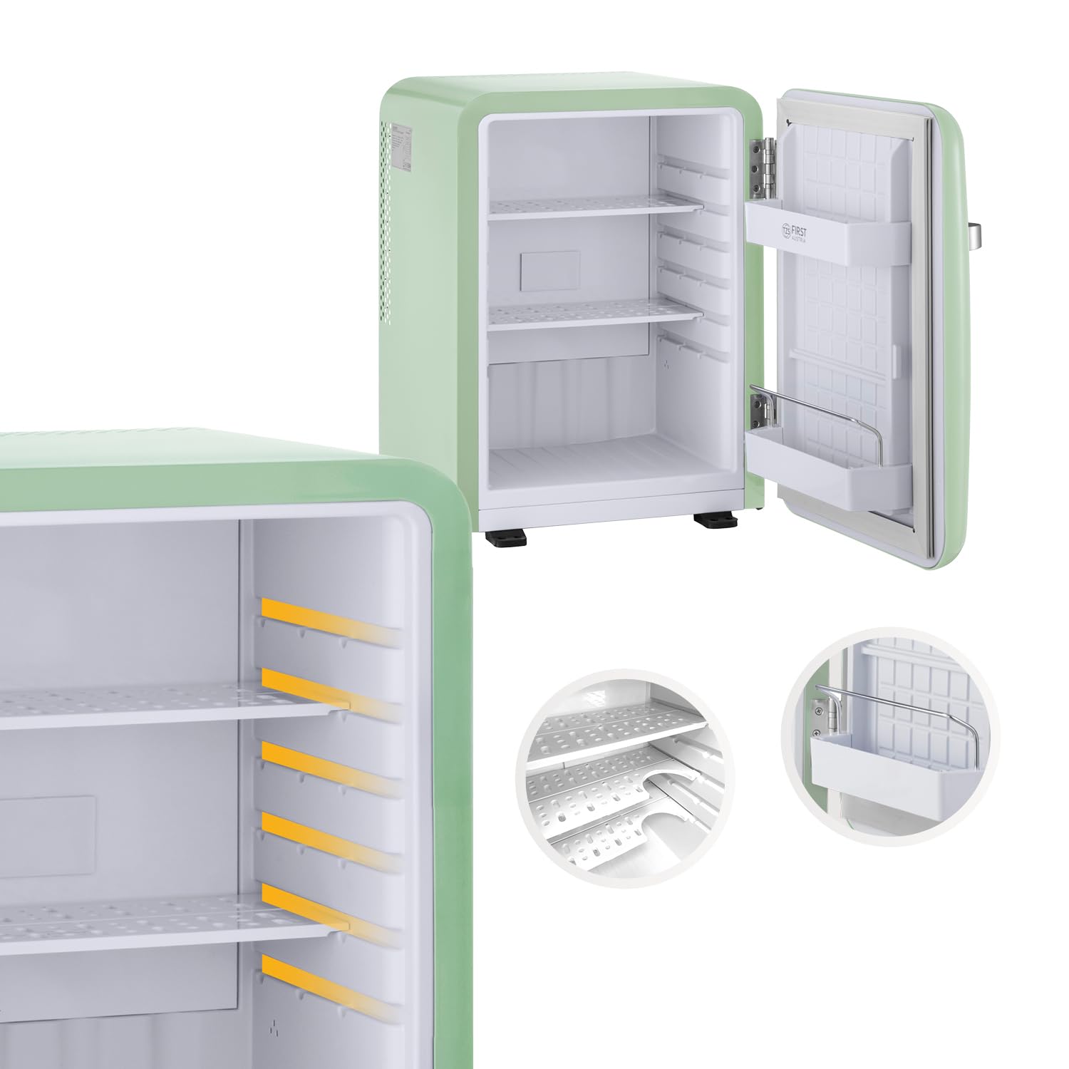 TZS First Austria Cicha mini lodówka | Retro Design | Regulowana moc chłodzenia | Klamka do drzwi | Termoelektryczny system chłodzenia | 40 l | miętowy