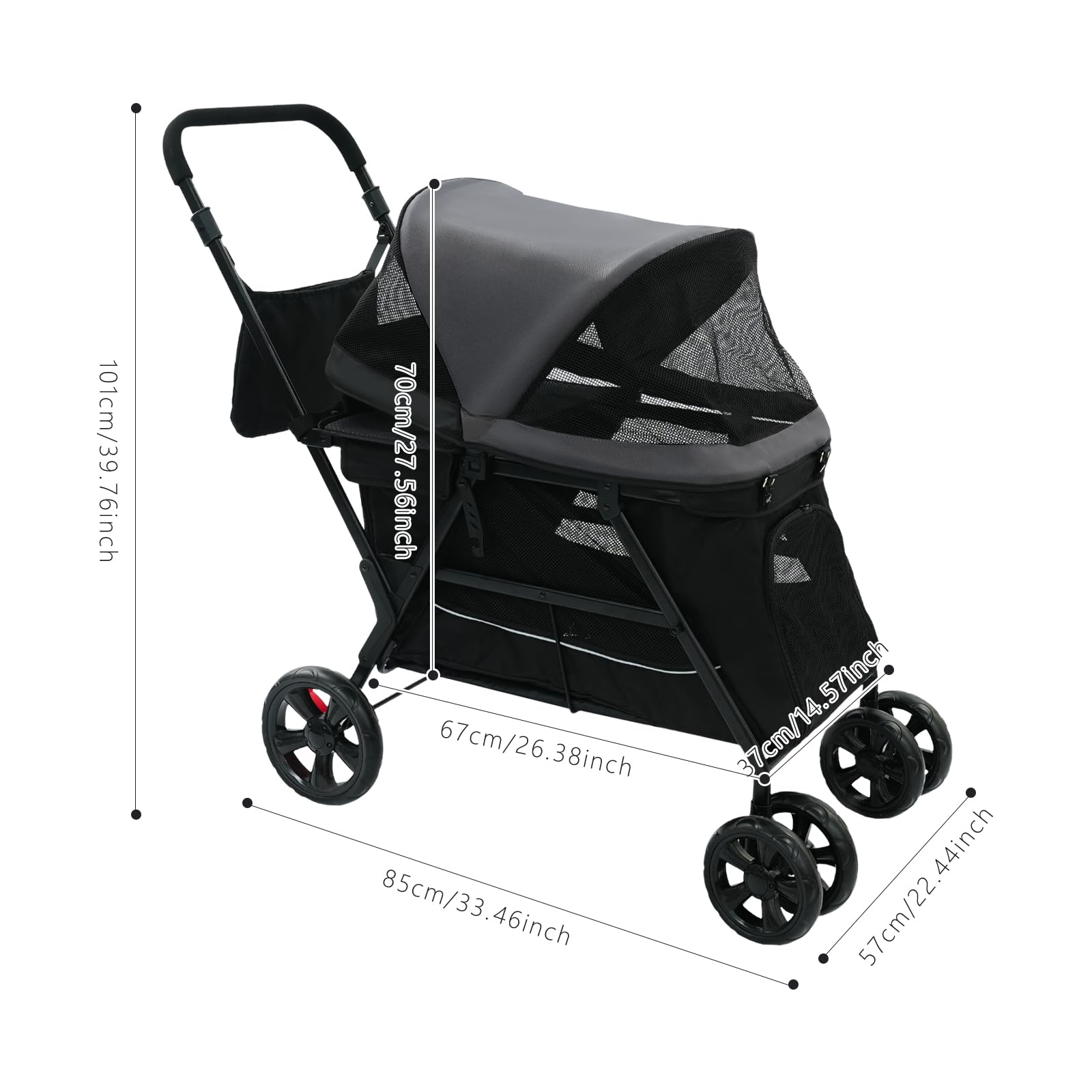 JIDIJINGH Passeggino pieghevole per cani con tavola da arrampicata, per cani e gatti, fino a 30 kg, ruote a 360° con freni, traspirante, borsa portaoggetti, nero