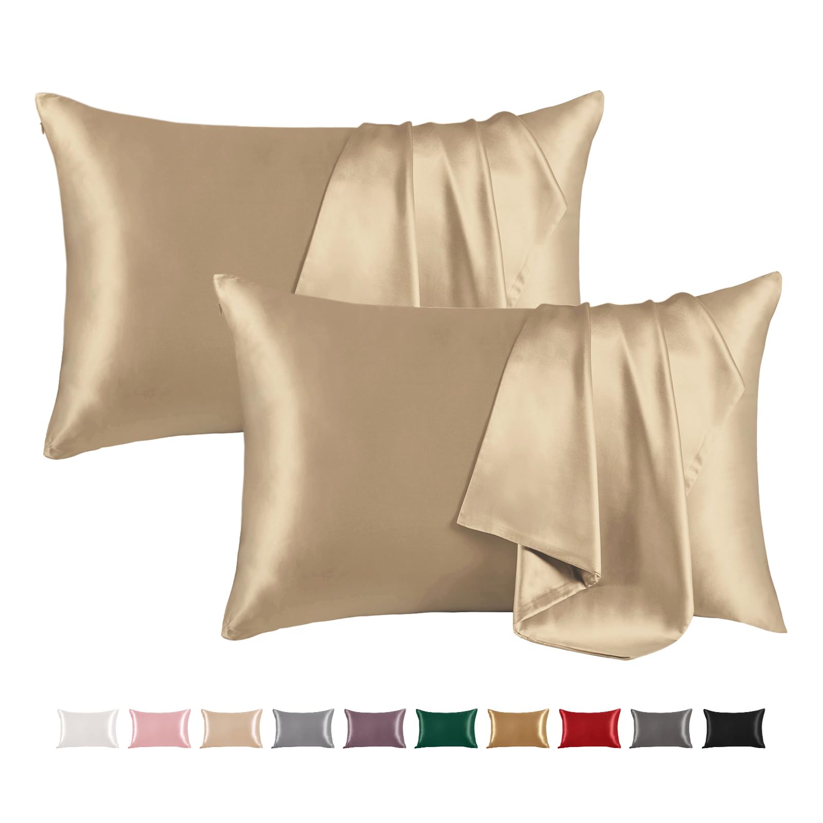 THXSILK Set of 2 100% Mulberry Silk Pillowcase for Hair and Skin Health, Soft Breathable and Smooth Pillowcases with Hidden Zipper, Both Sides Premium Grade 6A+ Silk, Standard 20"x26", Taupe