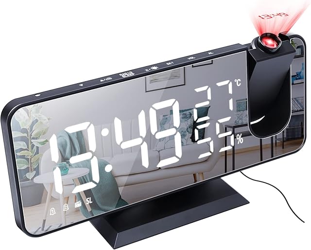 Projection Alarm Clock with Temperature Hygrometer, LED Digital Clock with FM Radio and USB Charging Port, Personal Weather Station Projector Dimmable Clock Snooze Dual Alarms Mains Powered (Black)