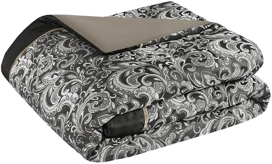 Pemberly Row Modern 24-Piece Room in a Bag Comforter Set, Faux Silk Polyester, Black Finish, Includes Curtains, Sheets, Decorative Pillows, Bed Skirt, Shams, Luxurious Jacquard Paisley Design for