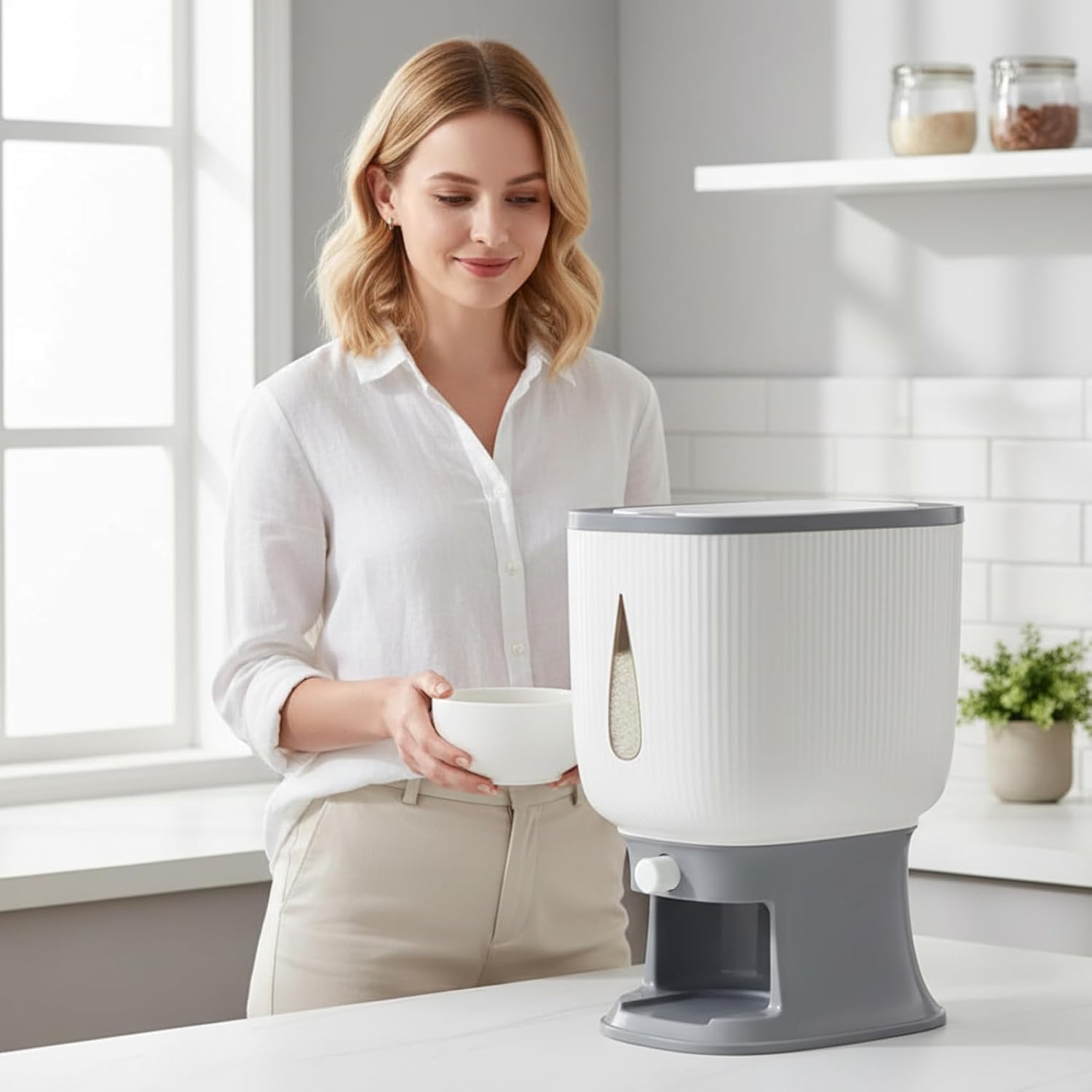 Contenitore per riso, dispenser automatico di riso con tazza per risciacquo, design a pressione e finestra di visualizzazione per un'organizzazione efficiente della cucina