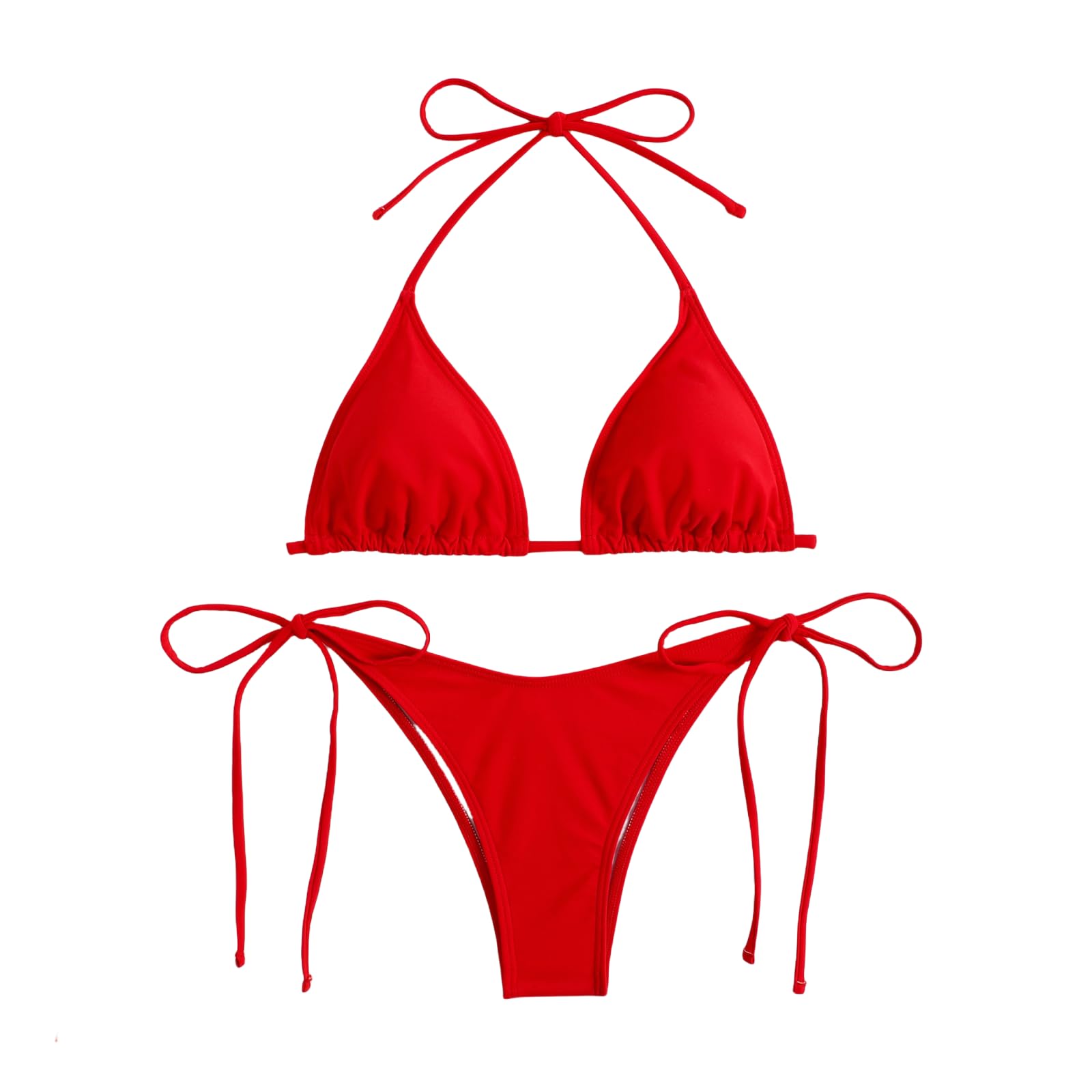 Teogneot Traje de Baño de Dos Piezas Mujer Acolchada Clásico Ajustable Halter Triángulo Bikini Top Bikini con Almohadilla para el Pecho(Rojo Un tamaño)