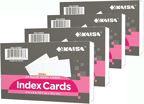 KAISA Tarjetas de índice con rayas de 4 x 6 pulgadas, 4 x 6 pulgadas, color blanco, 60 hojaspaquete, 4 paquetes, KSU-07983