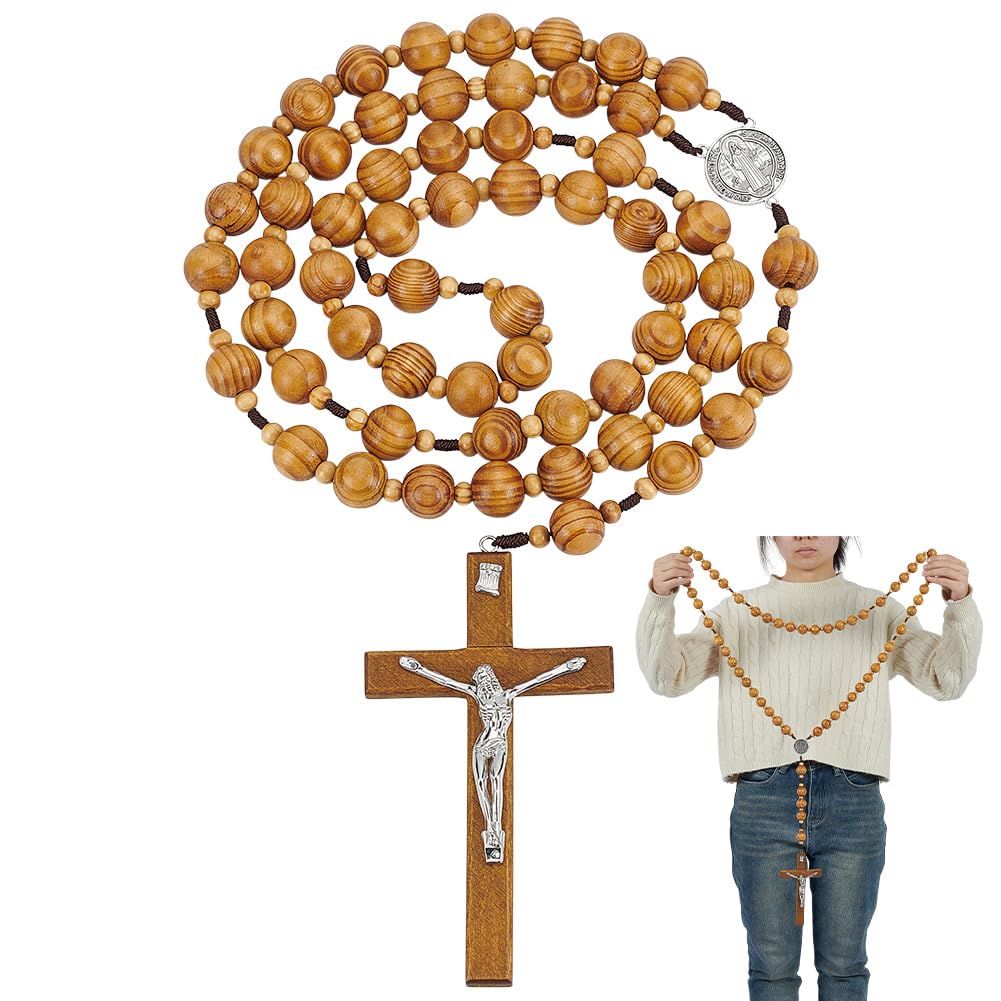 ORIGACH 2 pezzi grande croce rotonda fatta a mano con rosario in legno, decorazione da parete in legno massiccio, croce cristiana con motivo Gesù, regalo per chiese e decorazione della casa