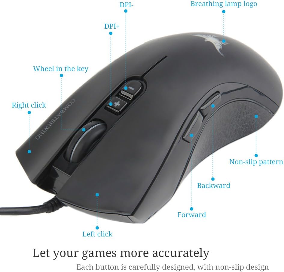 CW10 RGB Pro FPS USB Optical Gaming Mouse Wired with Colorful LED, DPI Adjustable Max 4800 DPI, Ergonomic Game Computer Mice with 7 Buttons for PC Laptop Gamer Office (Black)