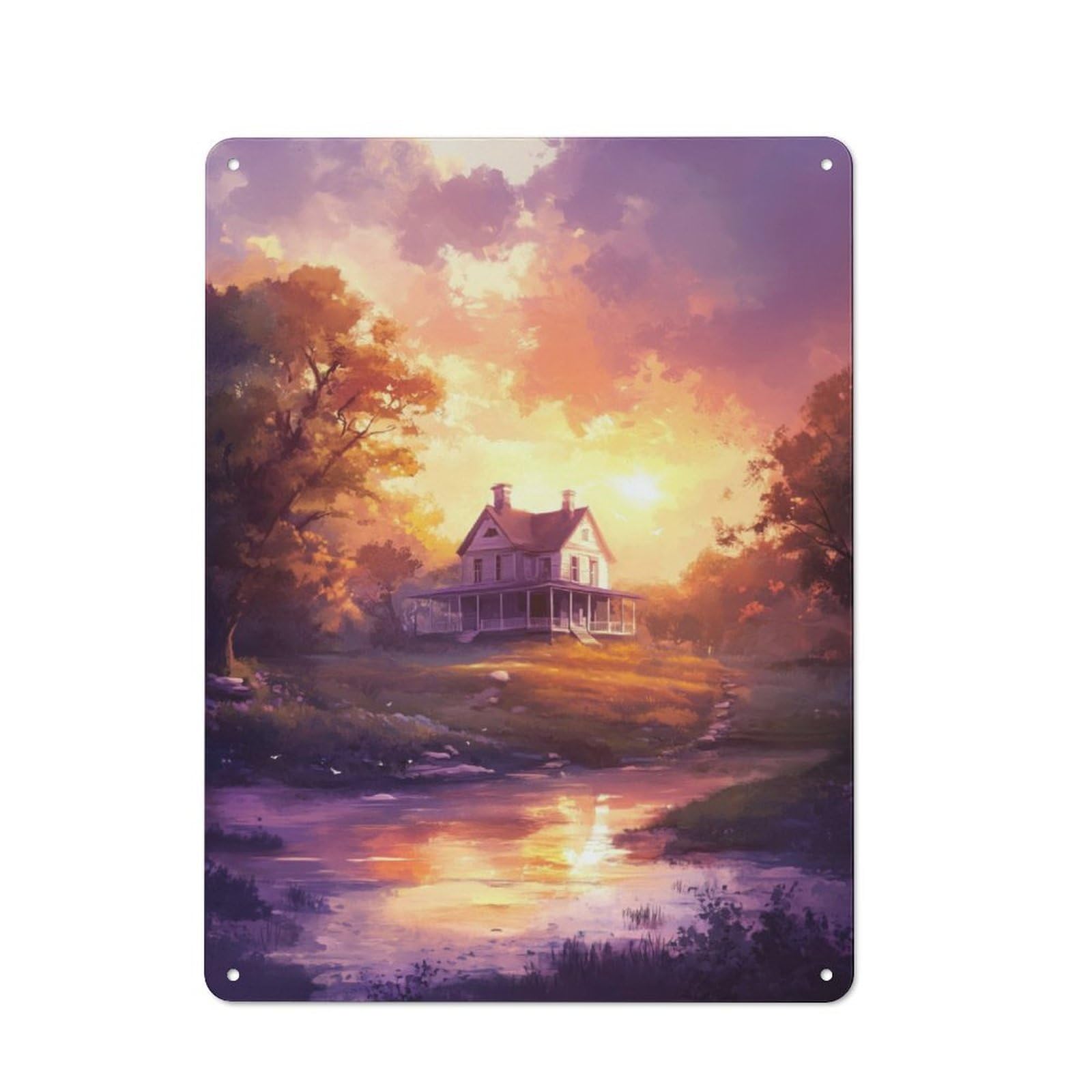 Junmoney Sunset House By The River Metal Plaque 40X30cm With For Home Bar Wall, Retro Decor, For Garage, Workshop And Man Cave Decoration