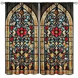 FAOTELY Stained Glass Curtains Vintage Floral Art Medieval Colorful Window Frame Window Drapes for Bedroom Living Room Kitchen Cafe （W20xL45 Inch） x2 Decor
