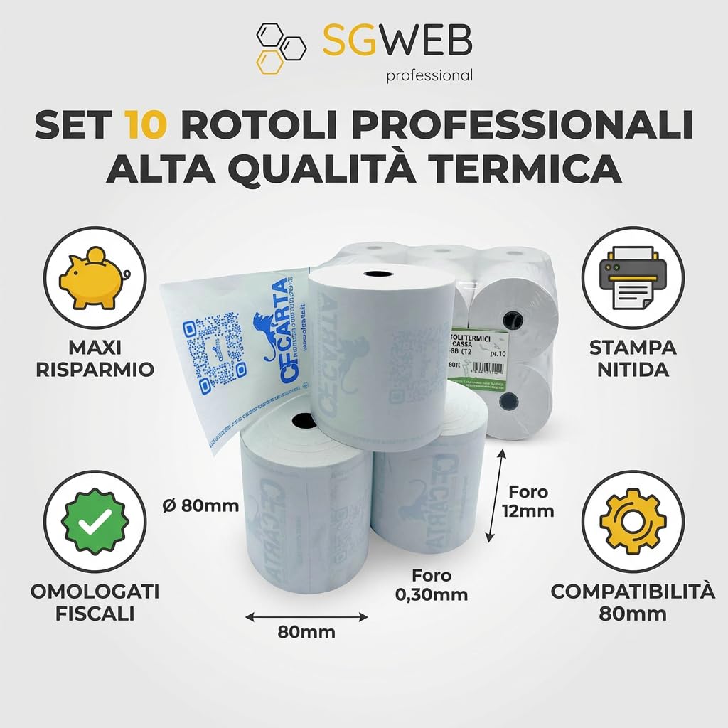 Rotoli Carta Termica 80x80 per Registratore di Cassa Fiscale 10-Pack - Rotolo Scontrini Stampante Termica POS, Foro 12 mm, Senza BPA
