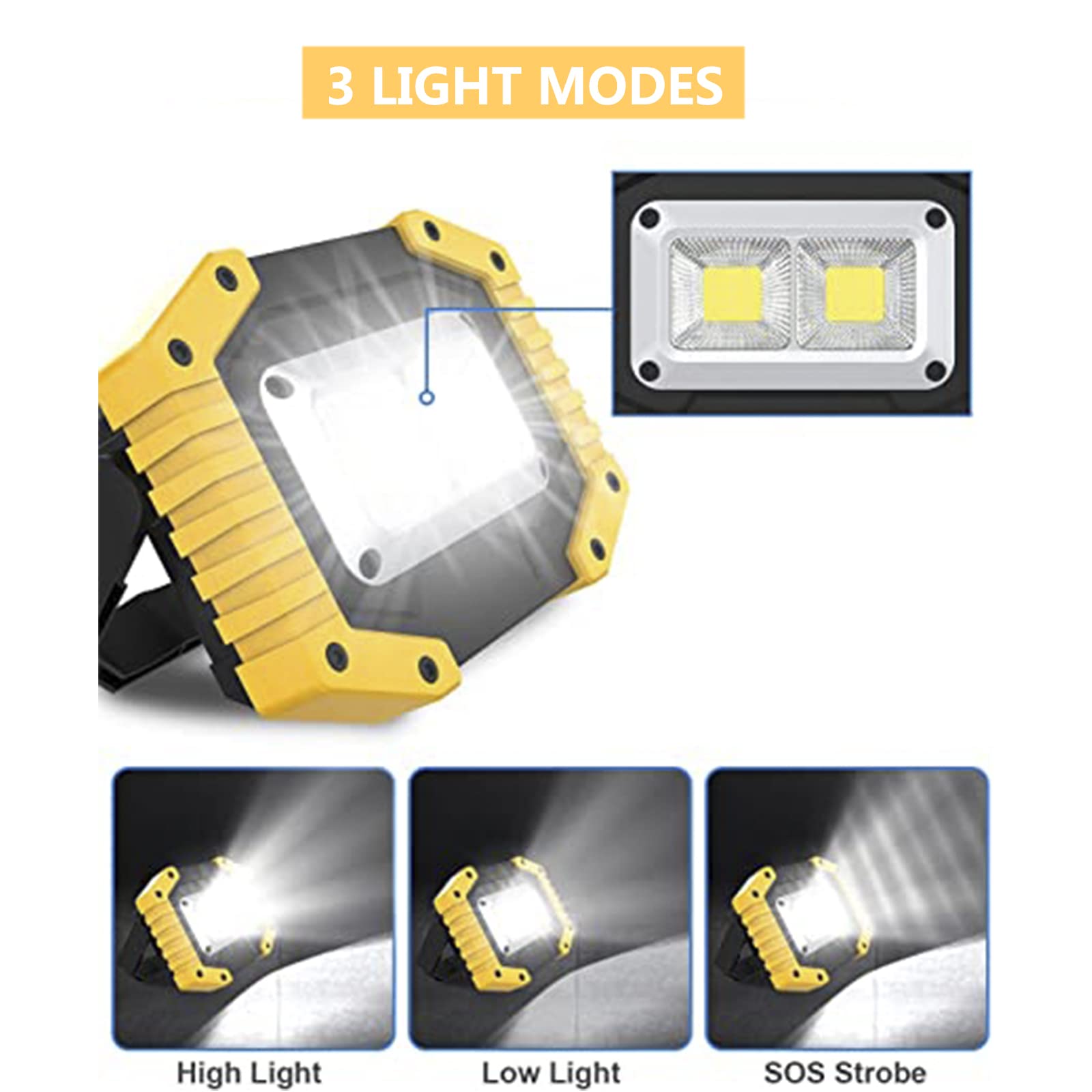 Faro Luce LED Ricaricabile 30W, Lampada da Lavoro da Portatile con USB, Lampada da Cantiere, 3 modalità, Luci da Lavoro Campeggio Impermeabile per Escursionismo Garage,Giallo,2 Pack