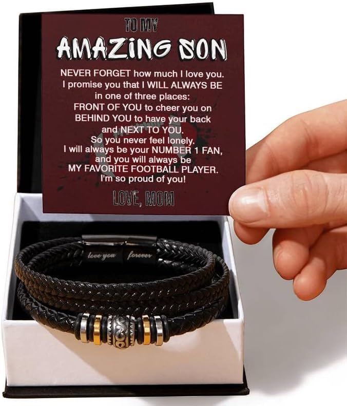Inspirational Son Bracelet Gift from Mom & Dad - Braided Leather Wristband with Stainless Steel Engraved Clasp - Meaningful Birthday, Graduation, Christmas Gifts for Him