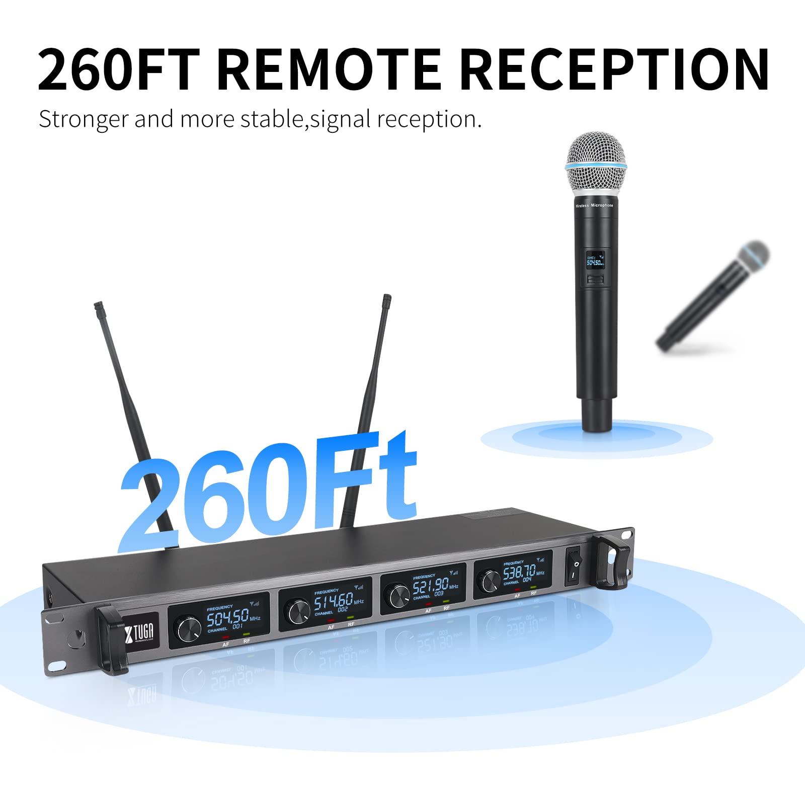 XTUGA Micro sans Fil Professionnel, Micro Karaoke UHF Système de Microphones sans Fil à 4 Canaux, Construction Entièrement Métallique, Fréquence Fixe A140