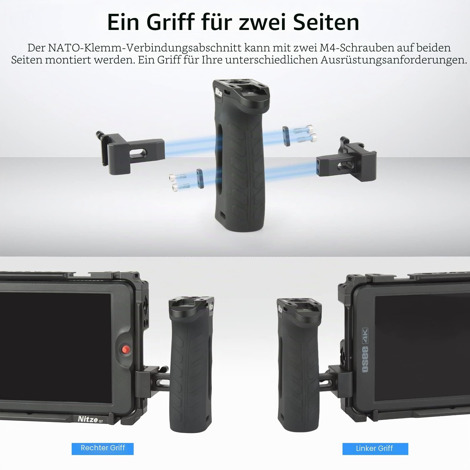 Nitze Ergonomischer Seitengriff mit NATO-Klemm, Side Handle NATO-Clamp für Linke Oder Rechte Hand, Mini-Seitengriff with Built-in Cold Shoe Nach Oben und Unten Verstellbar für Kamerakäfig-PA29C