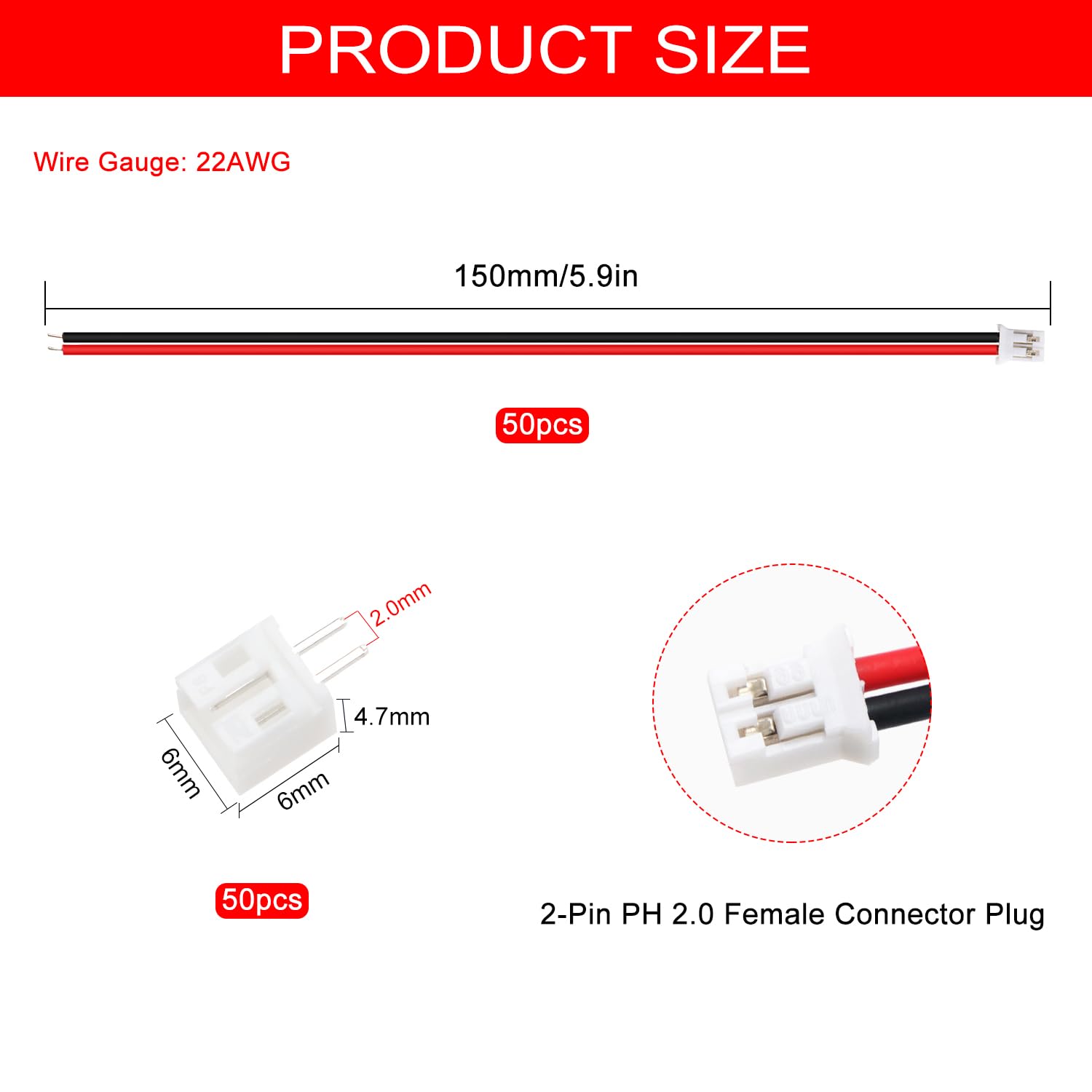 Lyeteung 50 Sets Mini Micro JST 2.0 PH 2 Pin Connector Plug Male with 150mm 22AWG Cable & Female Connector (Black Red) - Image 2