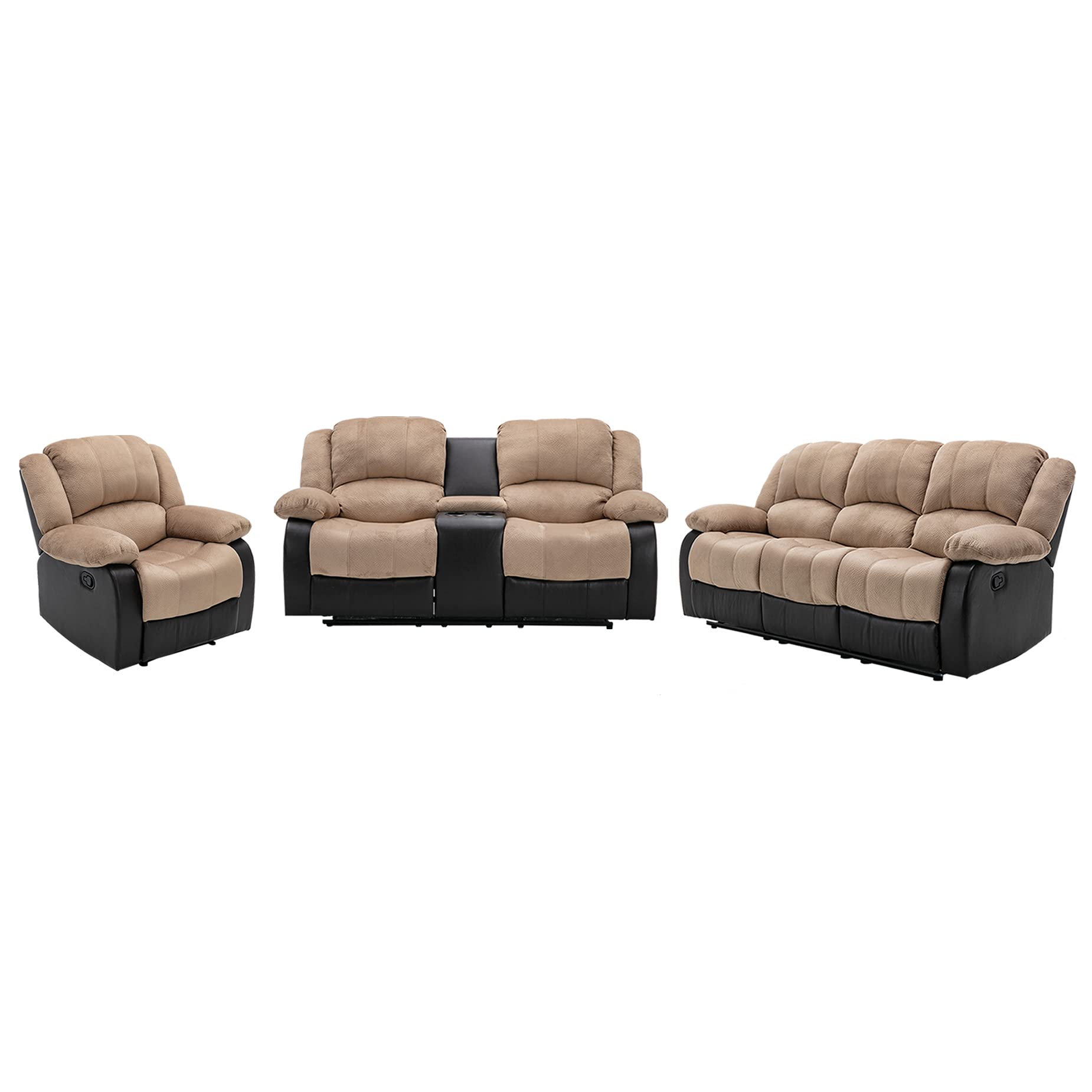 Nathaniel Home 3 Pieces PU Leather Sofa Set with Cup Holder Footrest Comfortable Family Recliner for Living Room Bedroom Home Theater Seating, Beige