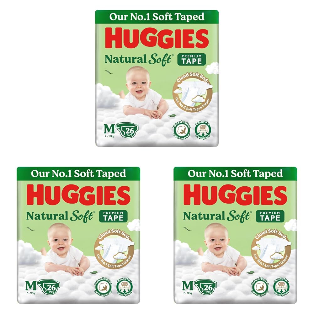 Huggies Natural Soft Premium Tape Diapers Medium (M) Size, 7-12 kgs,26 Count | Our No.1 Soft Taped Diaper with Cloud Soft Bed and Runny Poo Absorption (Pack of 3)-image-46