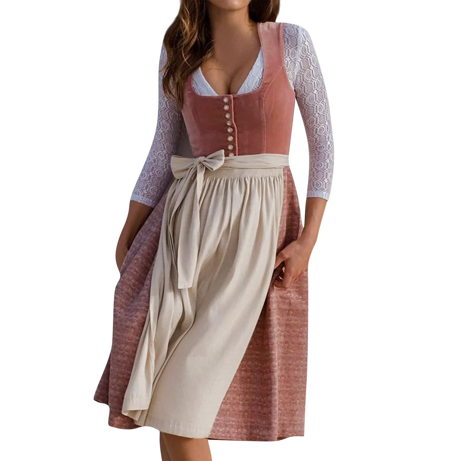 Dirndl Rot Damen Midi Trachten Dirndl Kleid Eckiger Ausschnitt Dirndlschürzen Oktoberfest Damen Outfit Elegant Trachtenkleid 2 Teilig Trachtenrock Trachtenmode Dirndlkleid Dirndl Kleidung