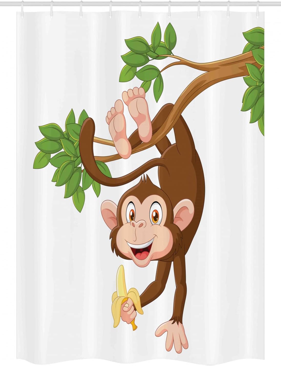 Ambesonne Cartoon Stall Shower Curtain, Funny Monkey Hanging from Tree and Holding Banana Jungle Animals Theme Print, Fabric Bathroom Decor Set with Hooks, 54" W x 78" L, Chocolate White