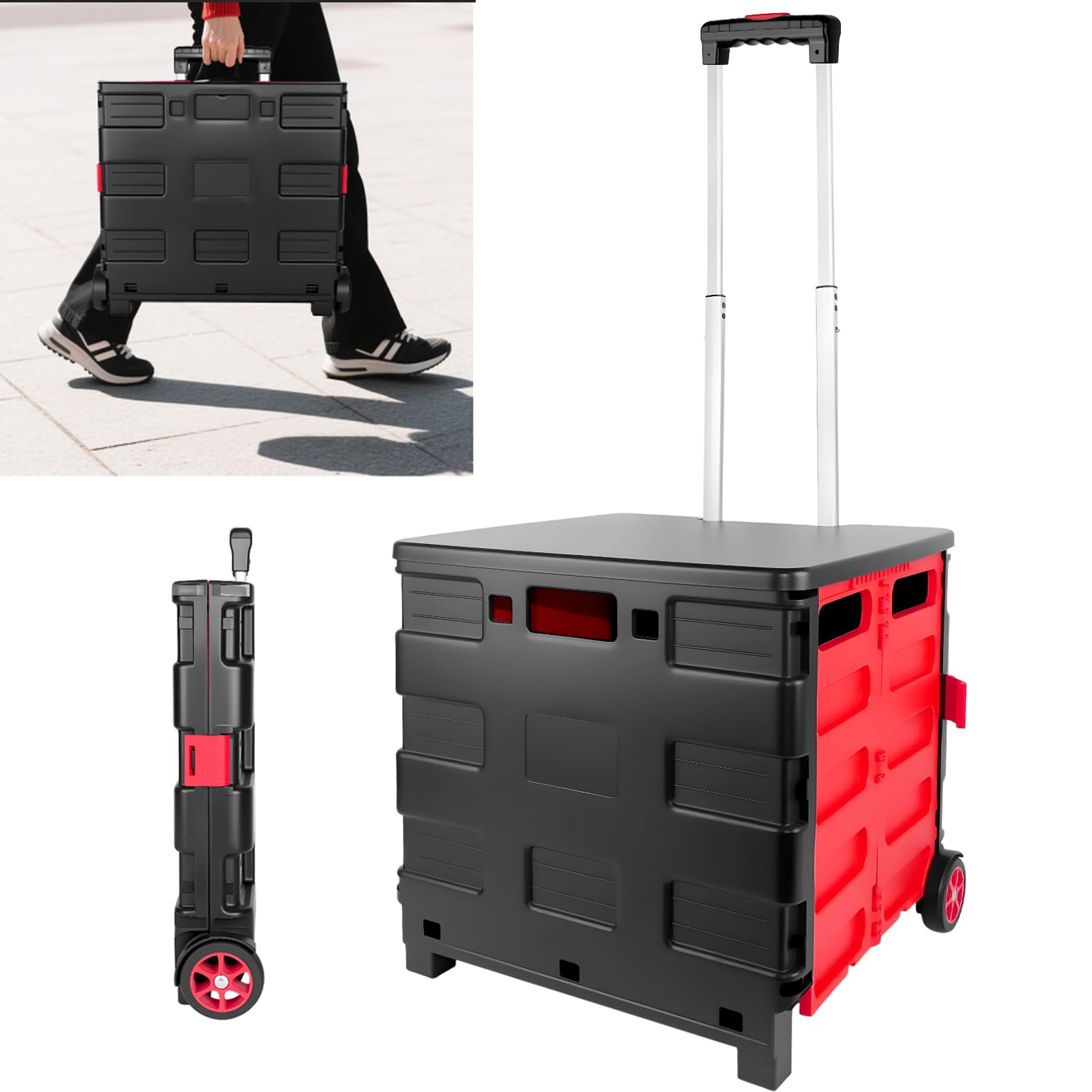 Foldable Utility Cart, Heavy Duty Folding Trolley Box Cart Boot Cart with Telescopic Handle and Rotate Wheels, 35KG Max Capacity Collapsible Utility Trolley Box for Travel and Shopping (42.5x37x45cm)