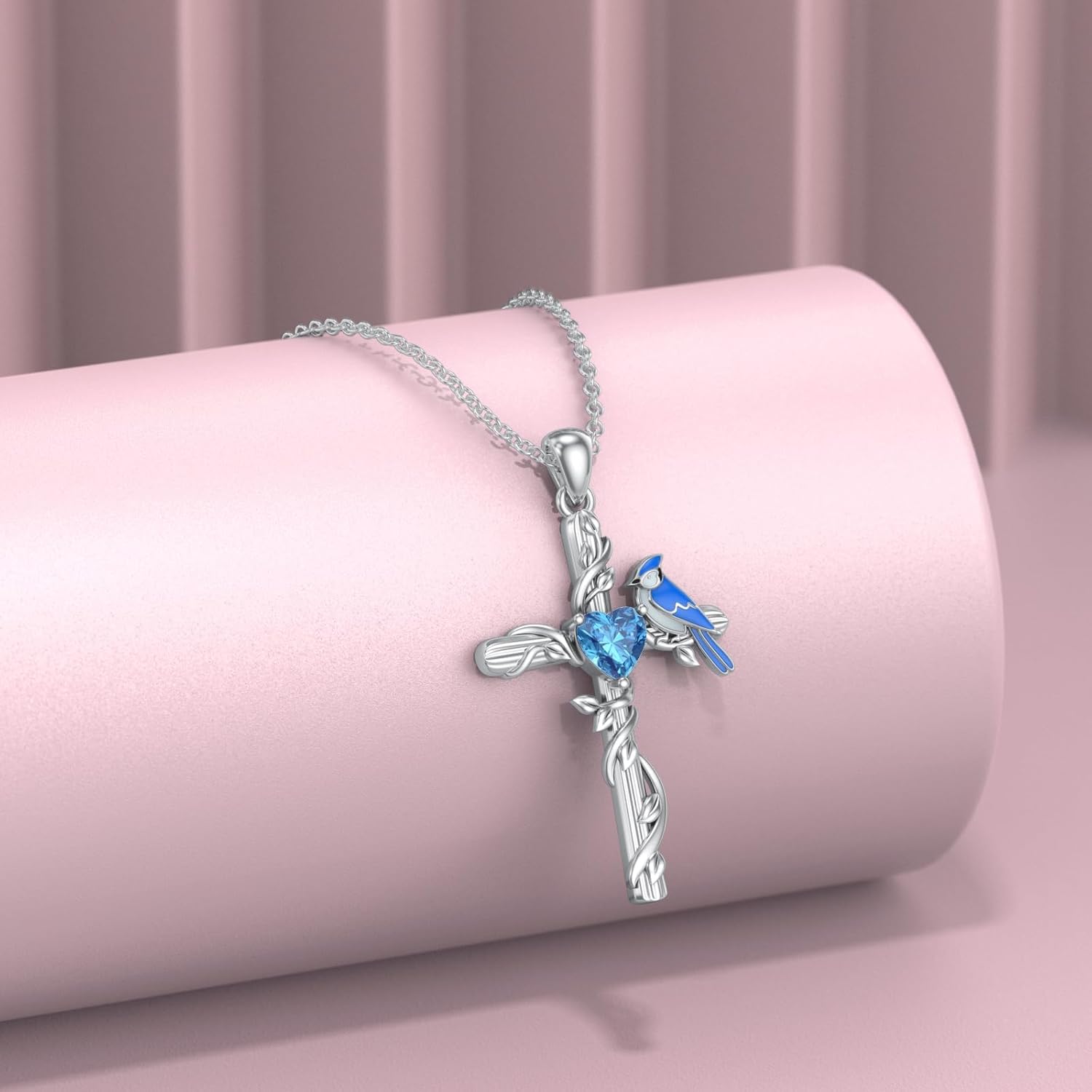 Blue Jay Necklace for Women 925 Sterling Silver Natural Swiss Blue Topaz Blue Jay Cross Pendant Our Love Never Dies Bird Jewelry Gifts for Mom Wife