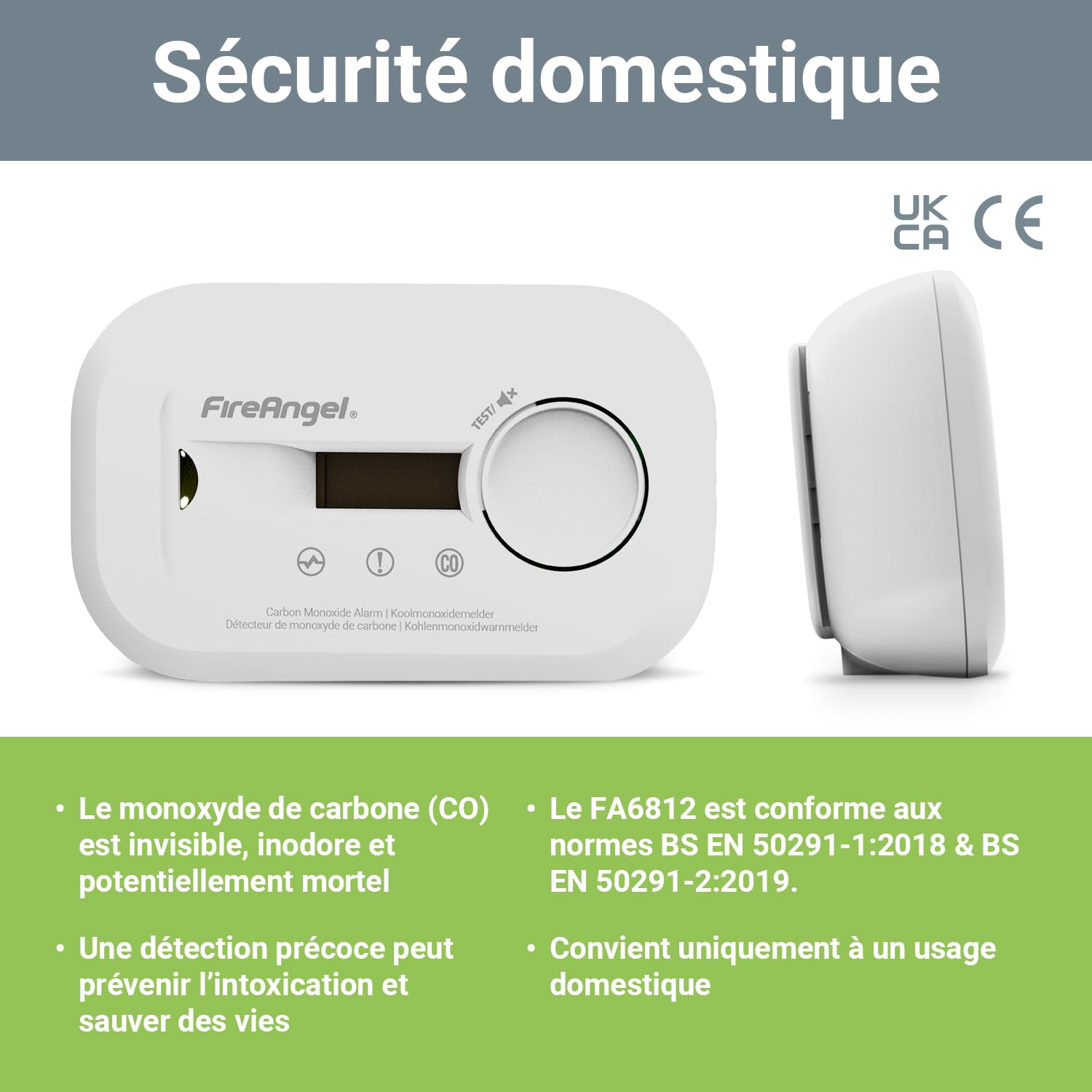 Fire Angel Cyfrowy Czujnik Tlenku Węgla FA6812 z Wyświetlaczem LCD, 10-letni Czujnik CO, Przenośny Alarm do Domu, Podróży i Przyczepy Kempingowej