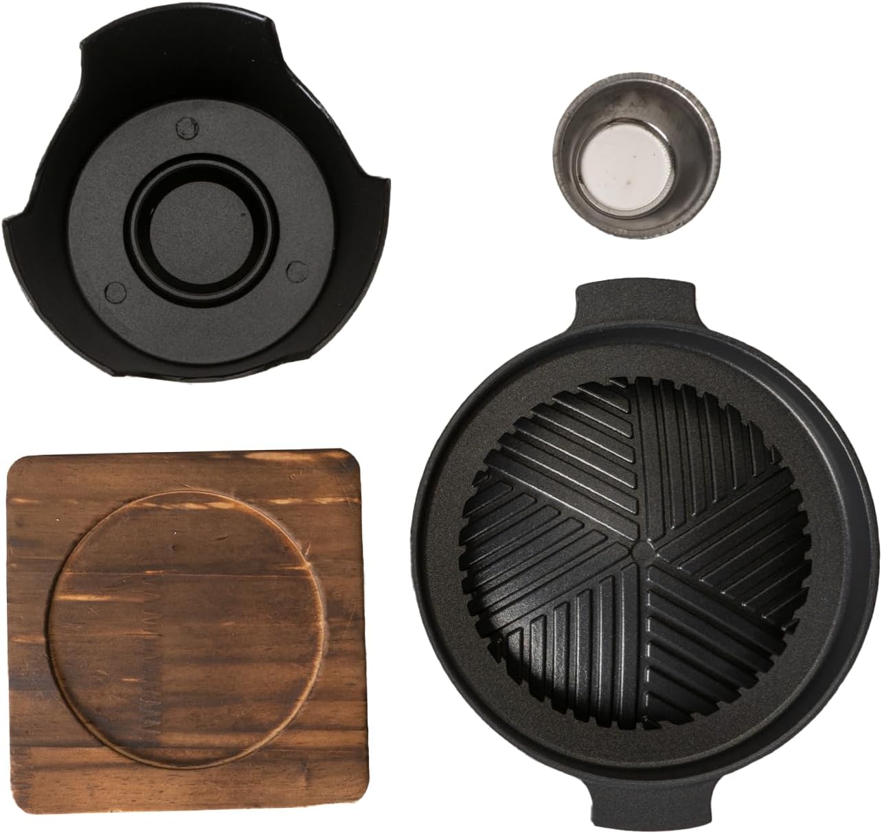 Yakiniku Grill with Wooden Trivet and Burner Stove 7 Inch Diameter Japanese Korean Style Single Serving Kaiseki Tabletop Barbuecue Hibachi Grill Plate