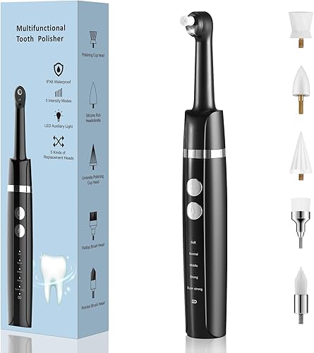 Pulidor de dientes, pulidor de dientes recargable para limpieza de dientes, pulido y blanqueamiento, kit de pulidor dental eléctrico con 5 cabezales