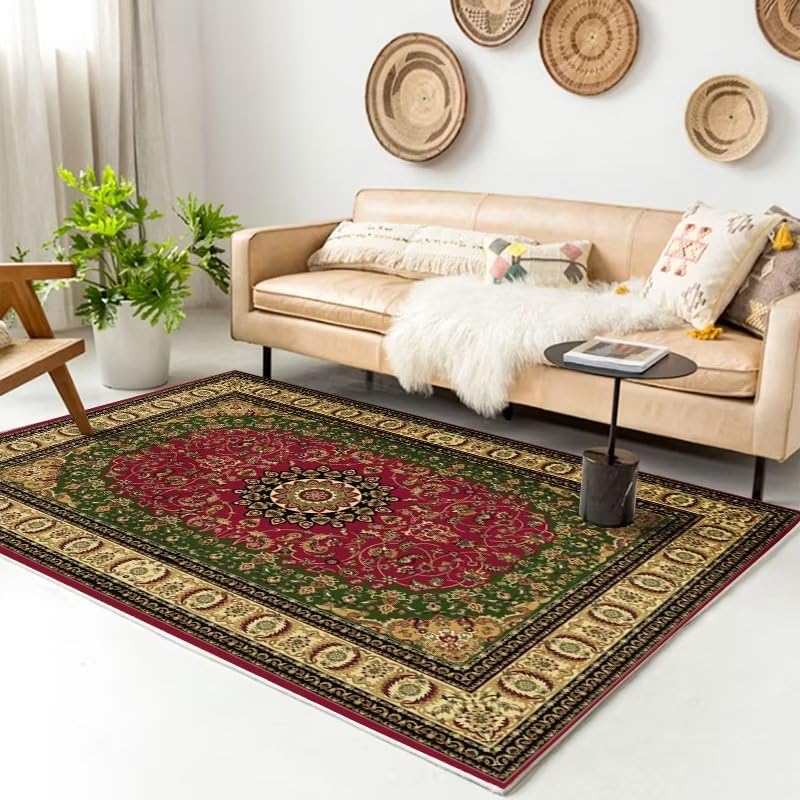 Tapis salon rouge lavable en machine 100x160 motif rayures plaid bureau terrasse