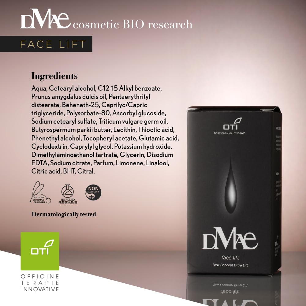 DMAE Face Lift, Crema viso con DMAE (liposomi), Acido alfa-lipoico stabilizzato, Vitamina E, Vitamina C. Senza conservanti. 75 ml. Prodotto in Italia, non testato sugli animali.