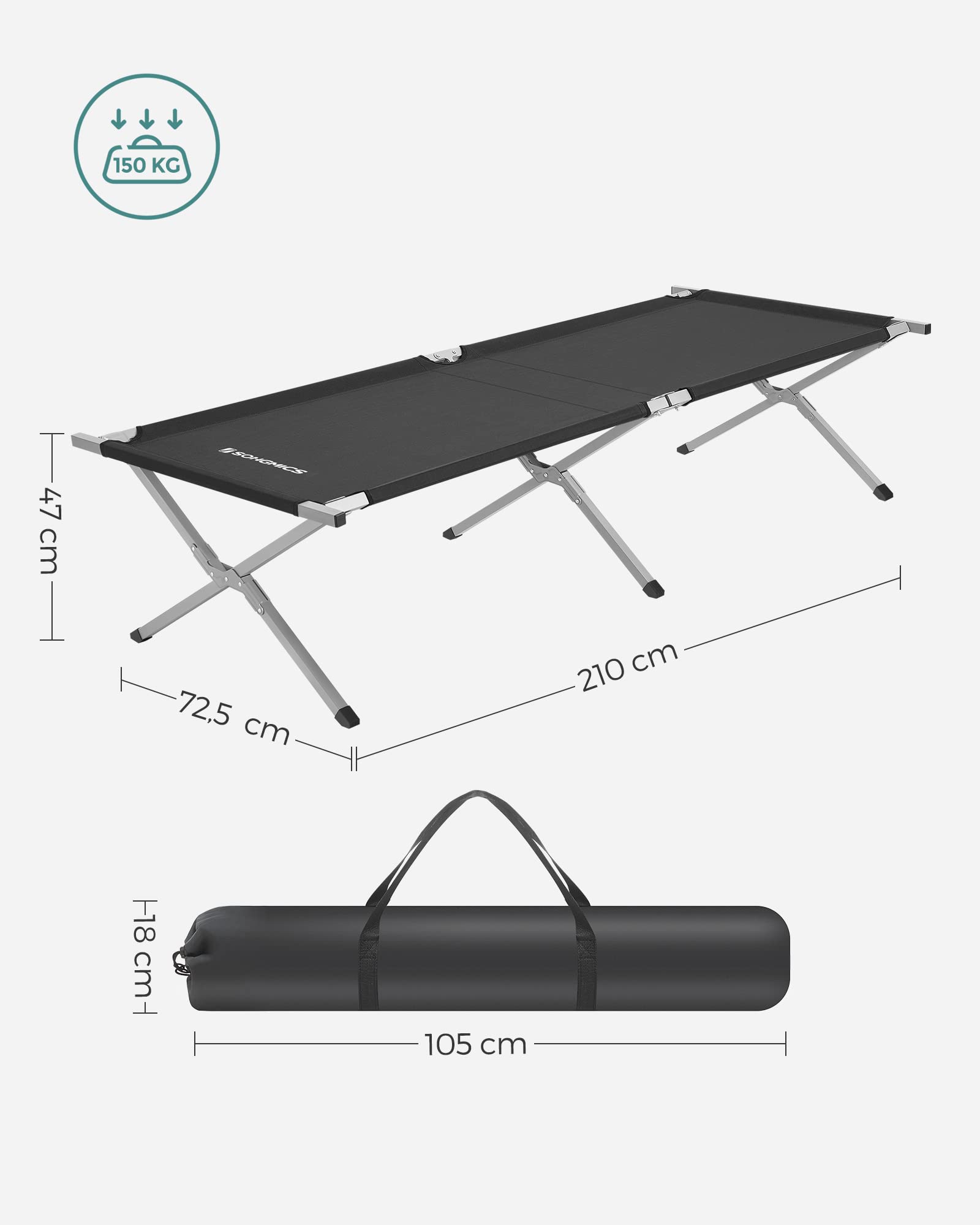 SONGMICS Brandina da Campeggio Pieghevole, Lettino da Campeggio, Letto per Ospiti, 210 x 72 x 45 cm, Portata 110 kg, Attività all’Aperto, per Viaggio, Nero GCB21H