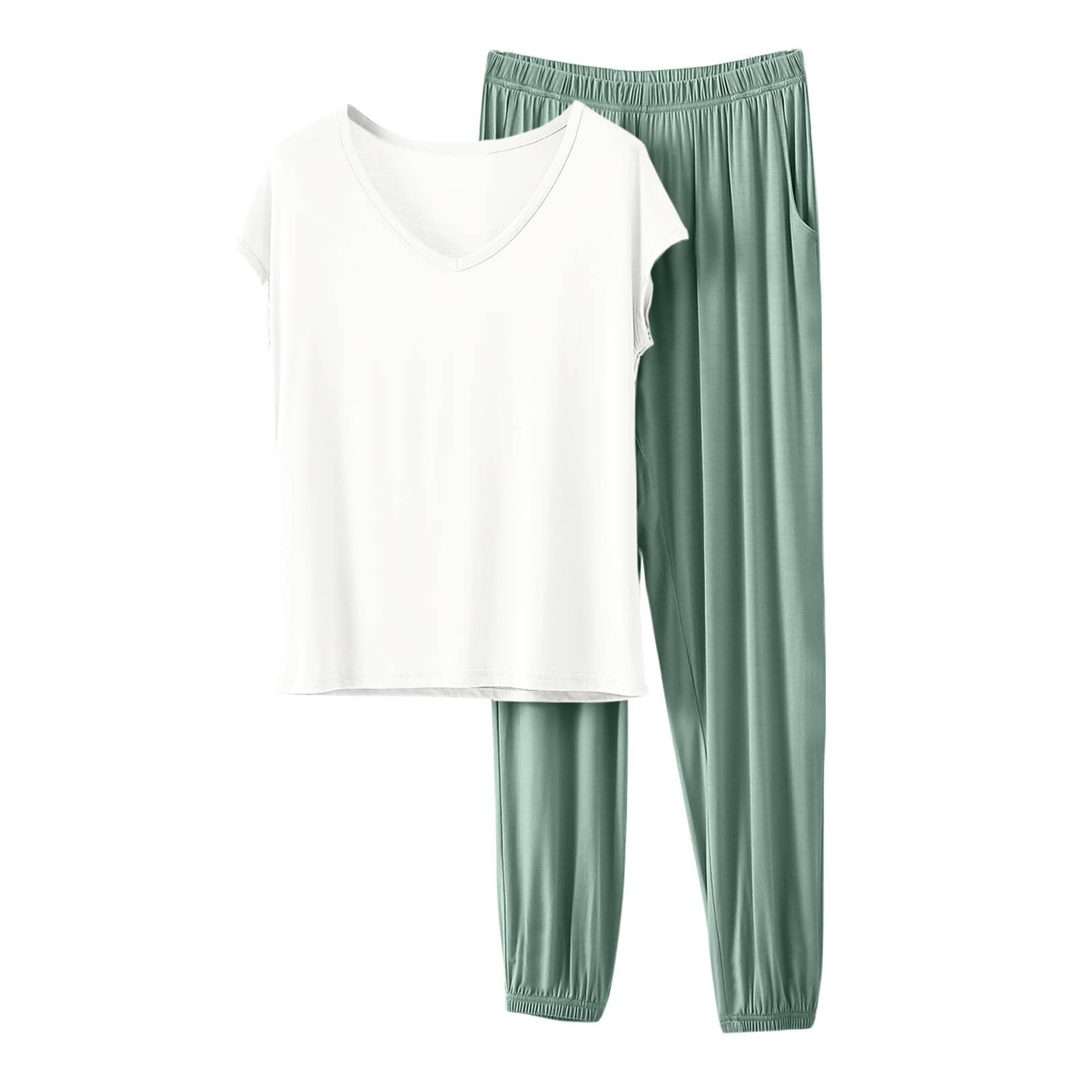 HGps8w Women's Modal Soft Summer Pajamas Sets, Loose V Neck Short Sleeve Top Joggers Pants Matching 2 Piece Lounge Outfits