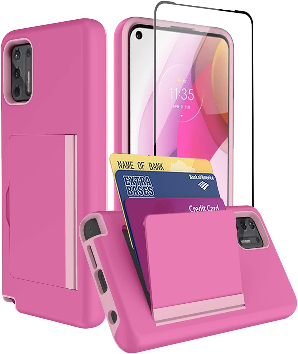SunRemex Moto G Stylus 2021 Case with Tempered Glass Screen Protector,Moto G Stylus 2021 Card Holder Case,Credit Card Wallets Case for Moto G Stylus 2021Phone，Not Applicable Moto G Stylus 2020 (Pink)