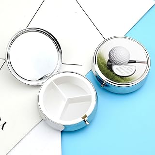 Round Silver Pill Box Small Pill Case for Purse and Pocket 3 Compartment | Golf Club Travel Pill Organizer Waterproof Cute Metal Pill Container for Vitamins, Fish Oil 2 Inch