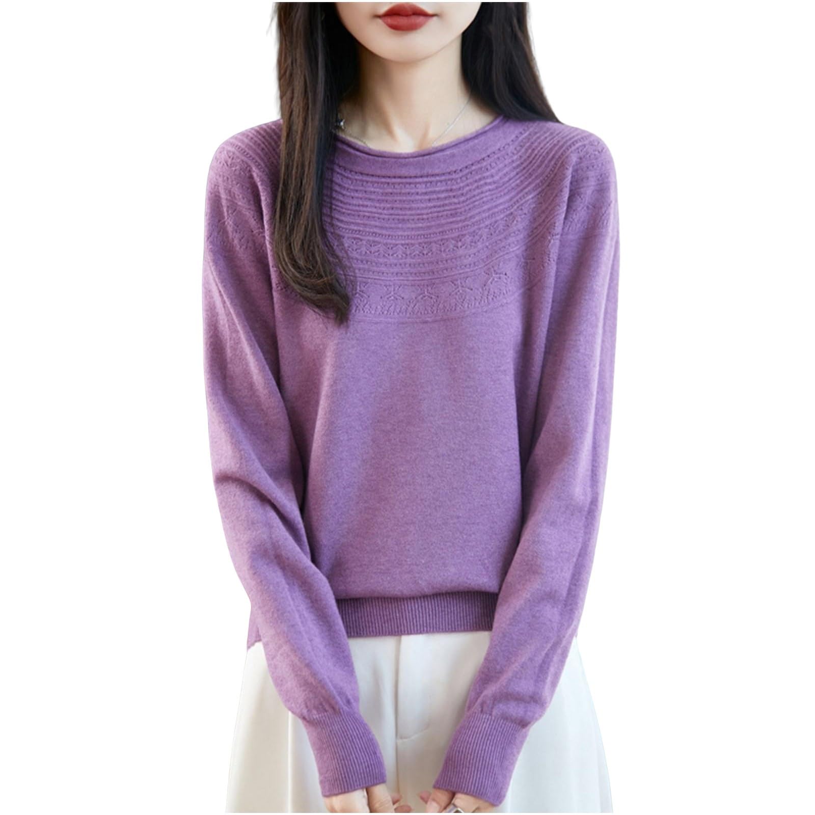 Ruziyoog Womens Knit Sweater Crewneck Pullover Long Sleeve Solid Color Lightweight Soft Jumper Casual Fall Winter Basic Tops