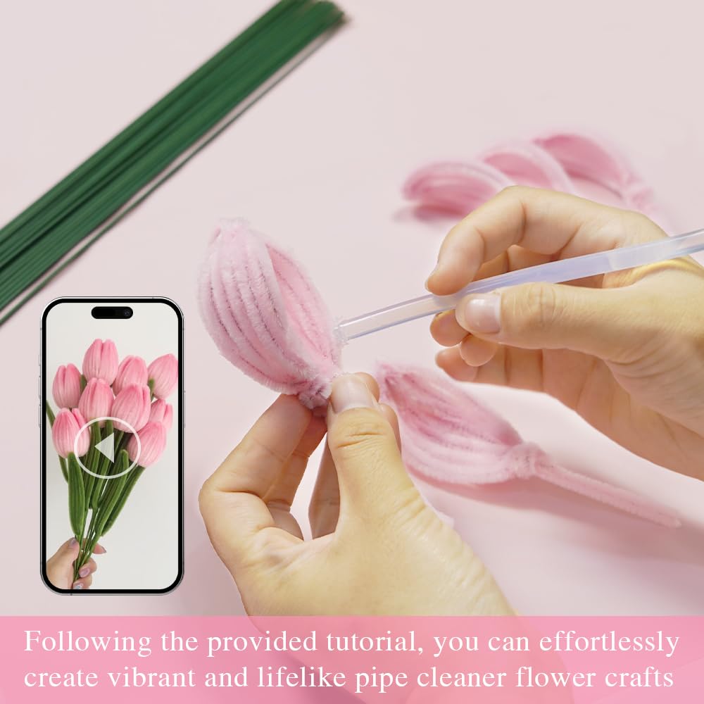 216 pcs Pink Pipe Cleaners Set with Floral Wires & Gardening Tape, Chenille Stems Pipecleaners for Tulip Bouquet Making, DIY Craft Projects and Decorations
