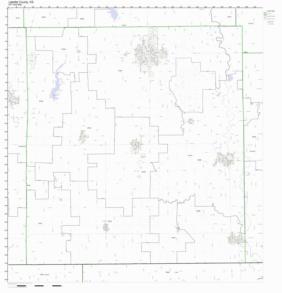 Labette County, Kansas KS ZIP Code Map Not Laminated
