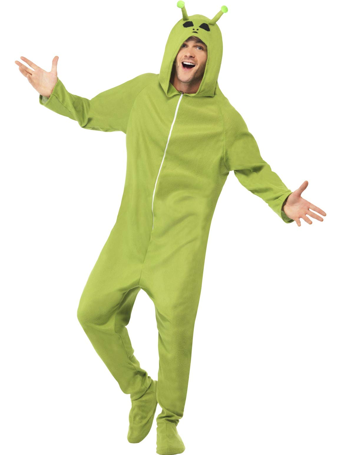 Smiffys Alien Costume, Green with Hooded All in One, Halloween Space Fancy Dress, Adult Dress Up Costumes