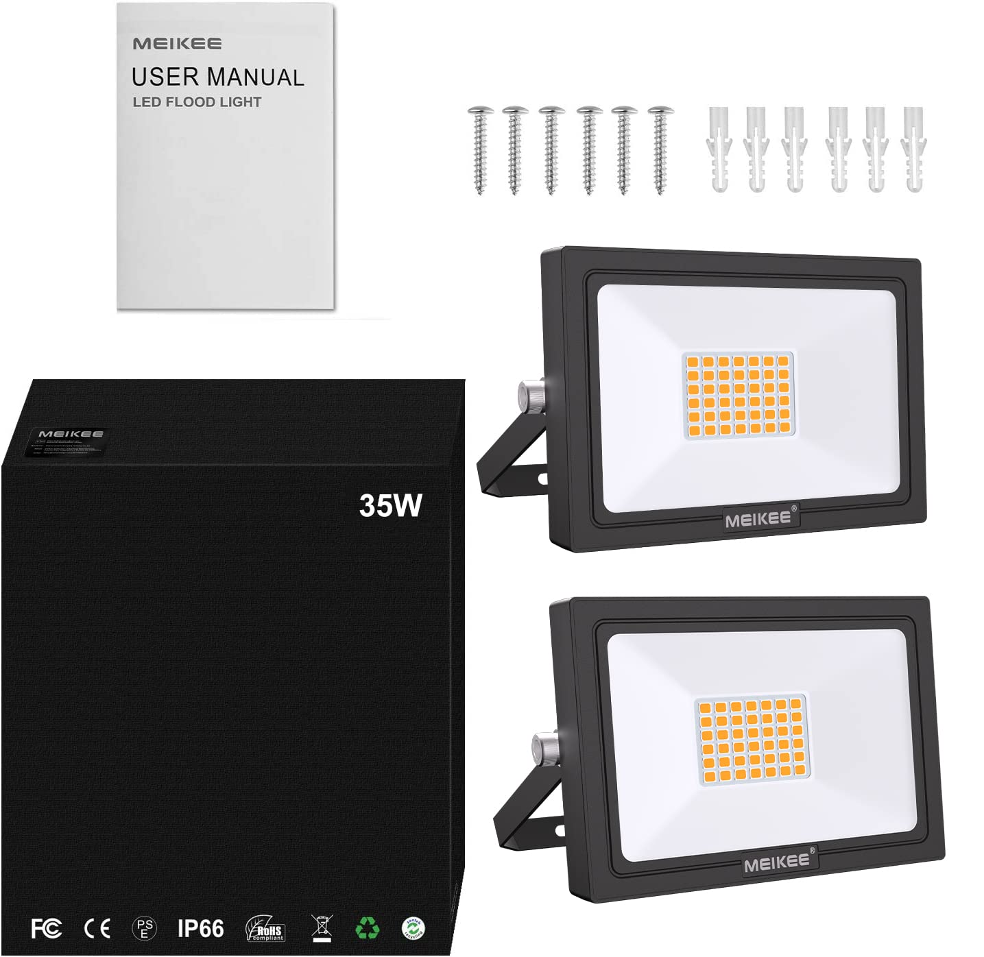 MEIKEE Faretto LED da Esterno, 35W, 3000LM, Faretti a LED per Esterni Impermeabile IP66, Potenti luci 42 LED Interna ed Esterna 2700K Bianco Caldo Per Giardino Cortile Garage Piazza - 2 Pezzi