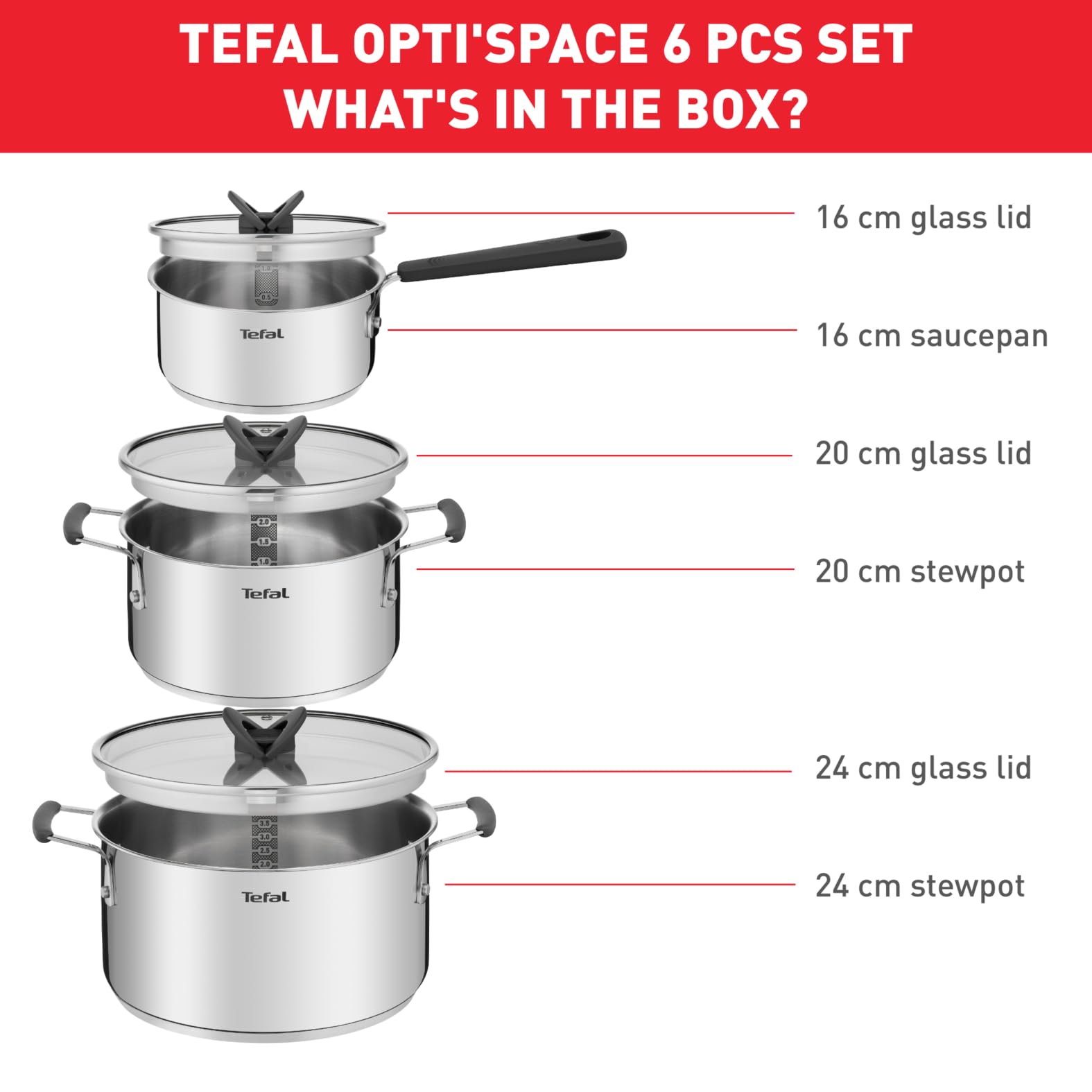 Tefal G7376S Opti'Space 6-częściowy zestaw garnków | rondel 16 cm (łącznie z pokrywką) | garnki 20/24 cm (z pokrywką) | stal nierdzewna | dno termofuzyjne | do wszystkich rodzajów kuchenek |
